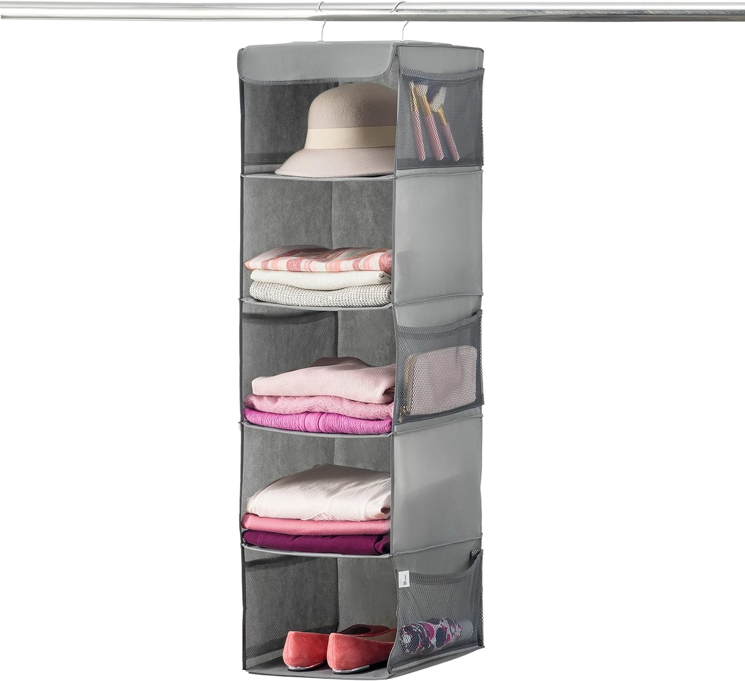 ZOBER Hanging Closet Organizer and Storage Shelves - 5-Shelf Wardrobe Clothes Organizer for Dorm Room, Baby Nursery, Small Closet Storage - 12