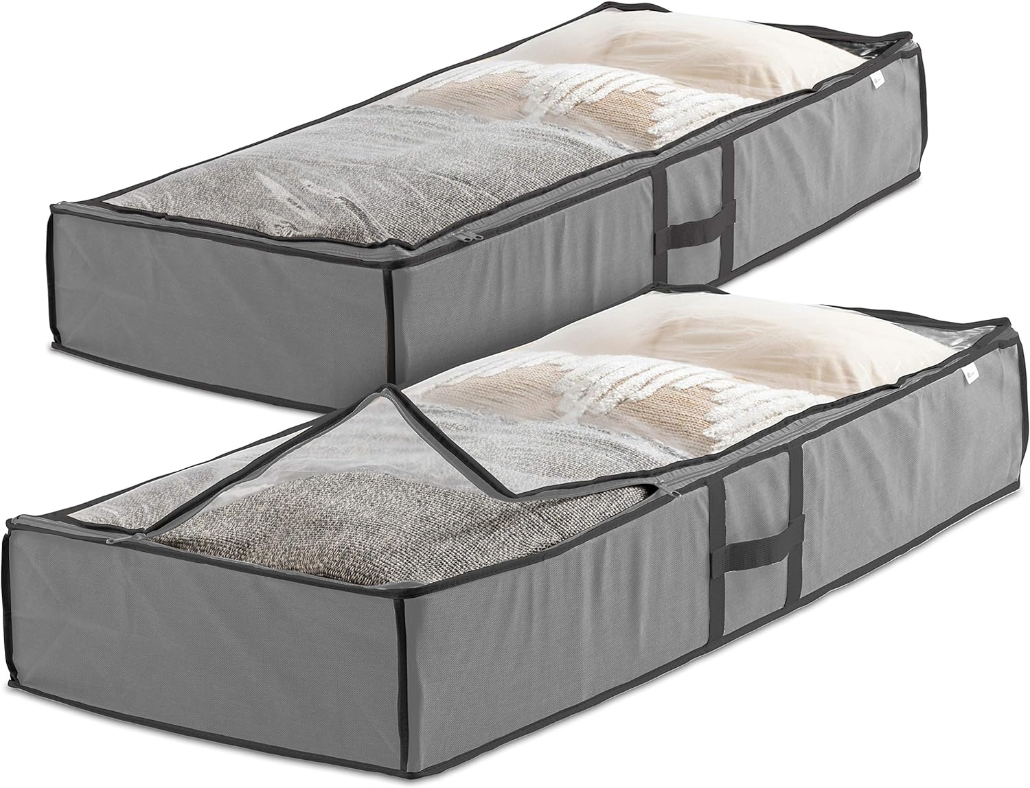 Zober Under Bed Storage - Pack of 2 Under Bed Storage Containers for Clothes, Blankets, Winter Clothing, & Shoes - Under The Bed Storage with Handles, Dual Zippers, & Clear Top (Gray)