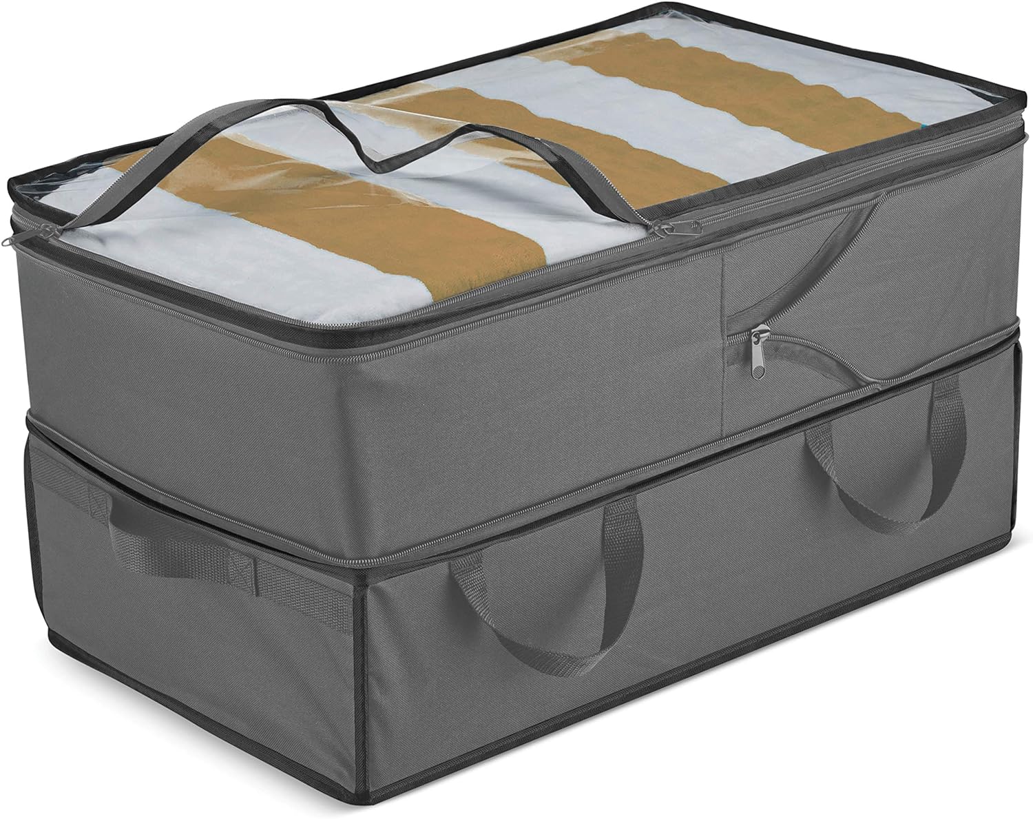 Started using the product and Im very content with it! Its a great size for storing clothes and fits comfortably under the bed. My only concern is how well the handles will hold up over time and use. They seem sturdy enough but only time will tell. Would recommend the product to anyone who needs seasonal clothes storage!