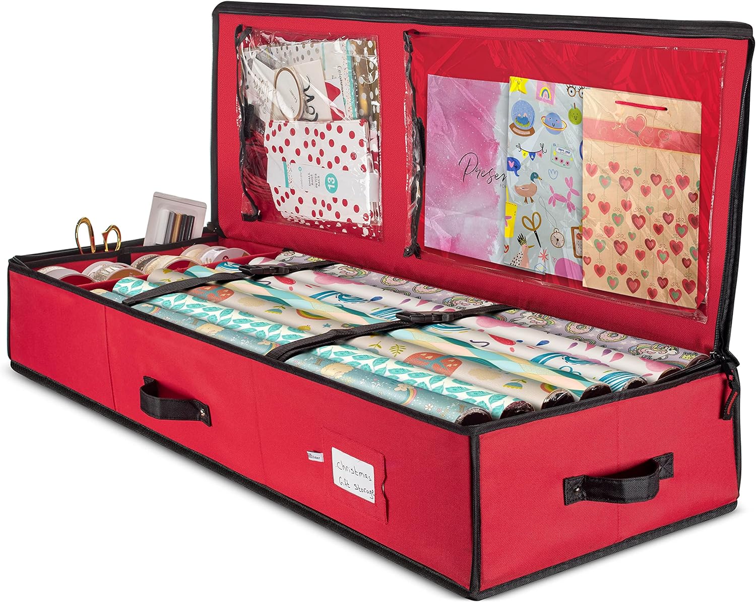 ZOBER Premium Wrap Organizer, Interior Pockets, fits 18-24 Standers Rolls, Underbed Storage, Wrapping Paper Storage Box and Holiday Accessories, 40 Long - Tear-Proof Fabric