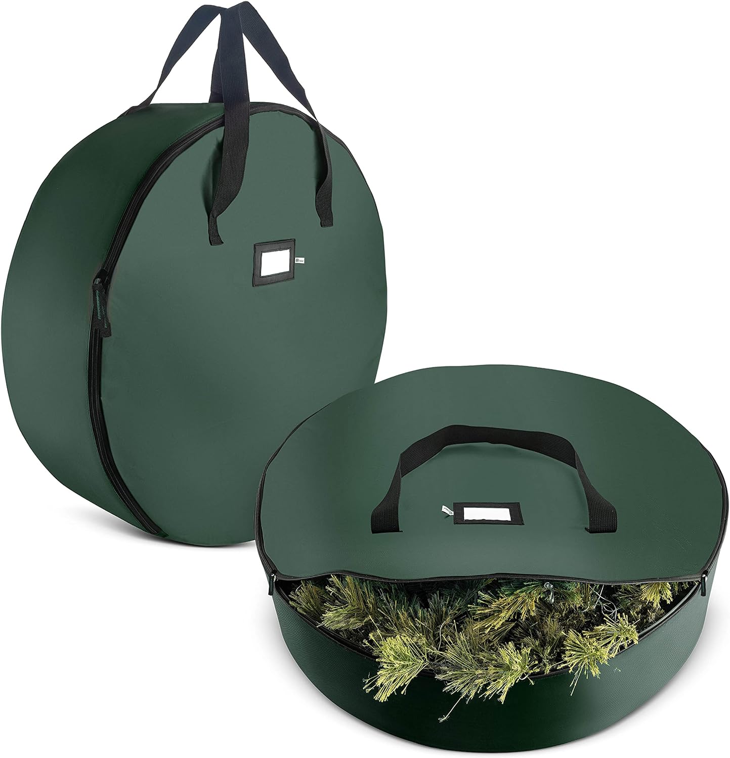 The product comes with 2 bags, as stated. They are deep and I was able to actually get 2 wreaths per bag. They are a nice green color. The outside edges are soft, so they are not like a box, but more like a bag.