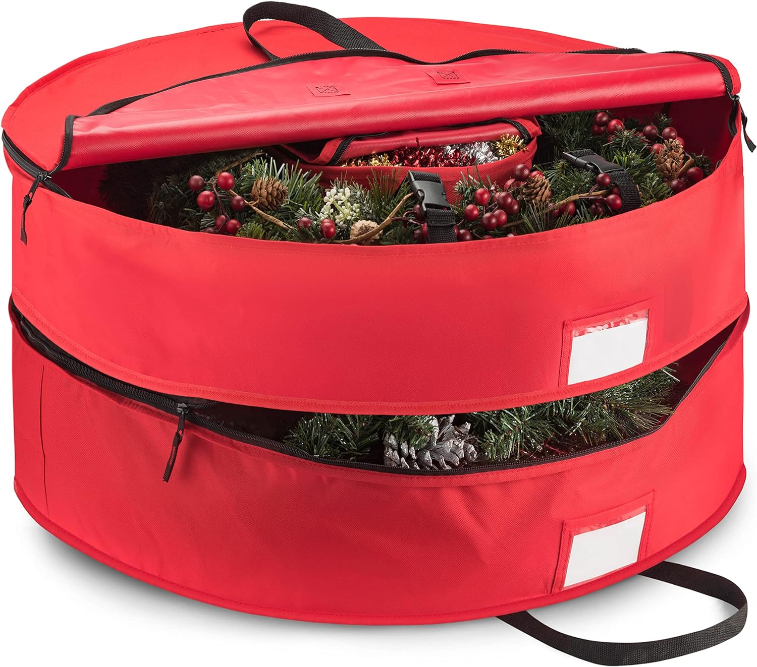 ZOBER Christmas Wreath Storage Container - 30 Inch Wreath Box, Garland Storage - 2 Zippers, Durable Handles - Holiday and Seasonal Wreath Storage Boxes - 2 Pack (Red)