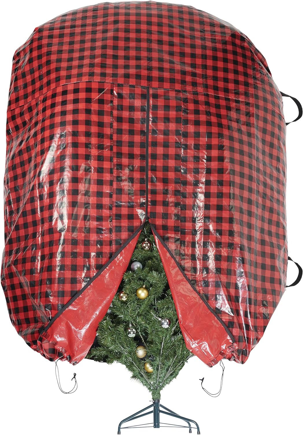 Zober Upright Christmas Tree Storage Bag - Fits 9 Ft Artificial Tree - Christmas Tree Bag W/Drawstring Hem, Zipper, and Carrying Handles - Plastic, Waterproof - Red/Black