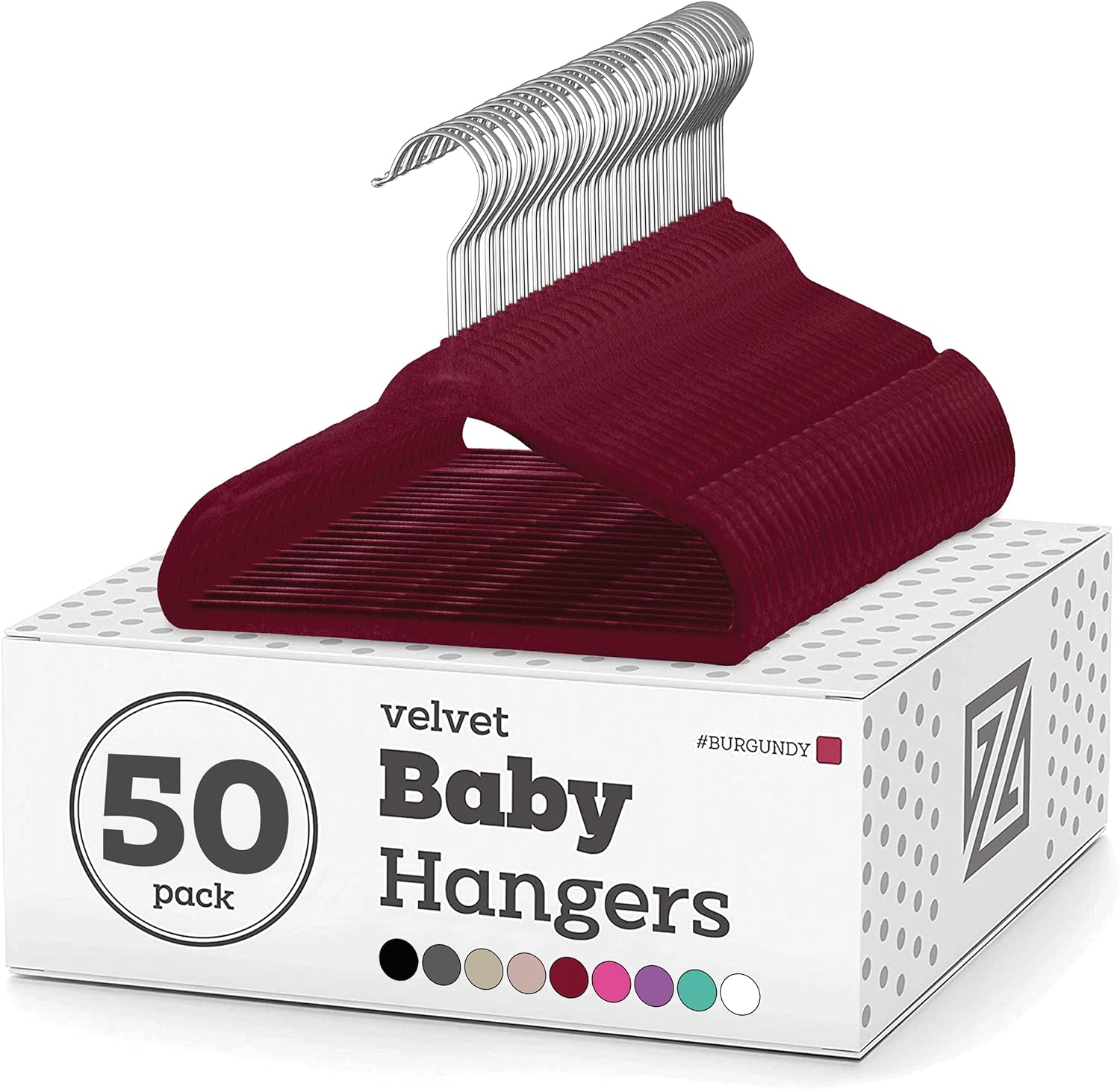 Zober Velvet Baby Hangers for Closet - Pack of 50 Non Slip Toddler Hangers for Shirts, Pants & Dresses w/Swivel Hook - Durable Infant Hangers w/Notches - Small Kids Hangers - Burgundy