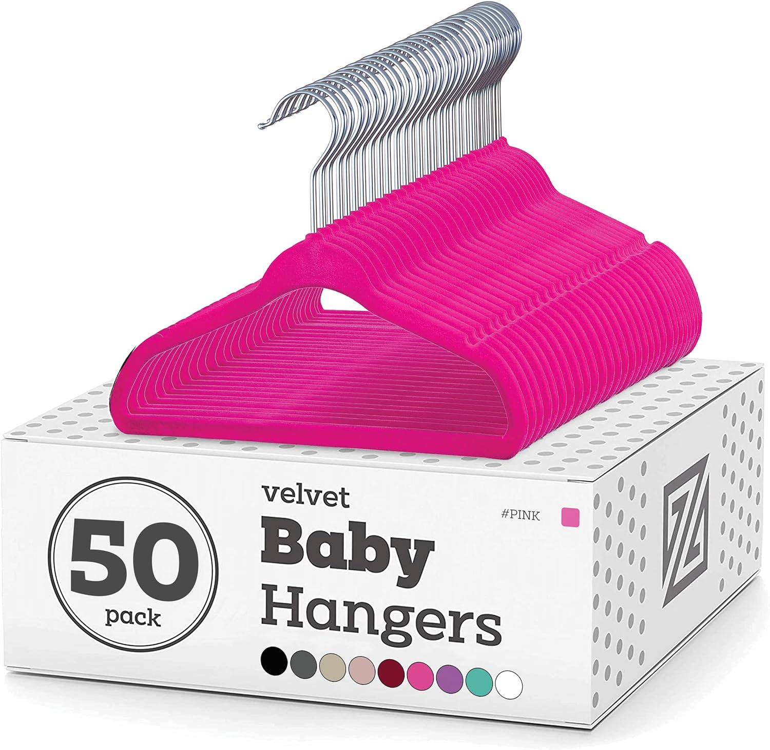 Zober Velvet Baby Hangers for Closet - Pack of 50 Non Slip Toddler Hangers for Shirts, Pants & Dresses w/Swivel Hook - Durable Infant Hangers w/Notches - Small Kids Hangers - Pink