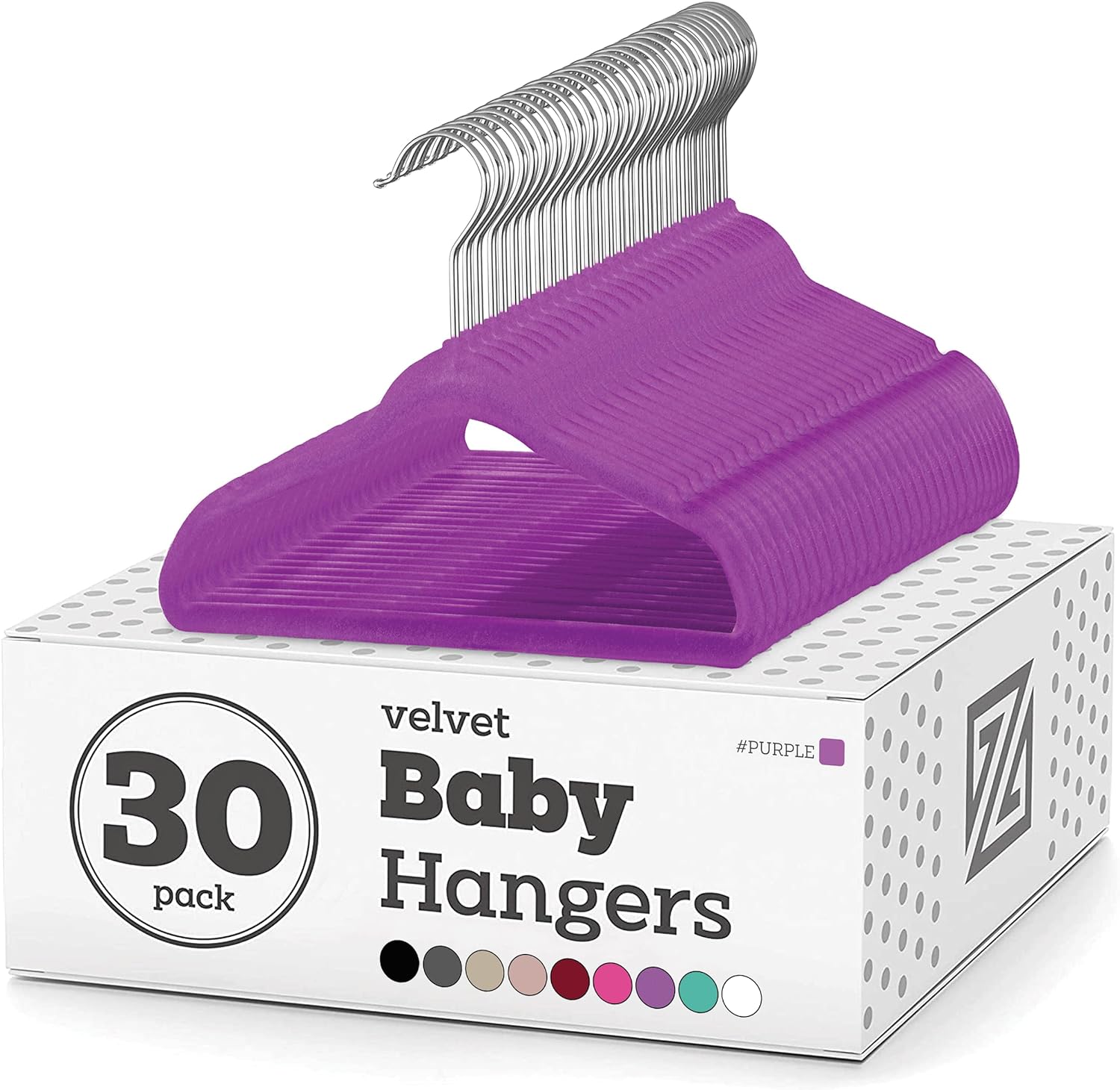 Zober Velvet Baby Hangers for Closet - Pack of 30 Non Slip Toddler Hangers for Shirts, Pants & Dresses w/Swivel Hook - Durable Infant Hangers w/Notches - Small Baby Hangers - Purple