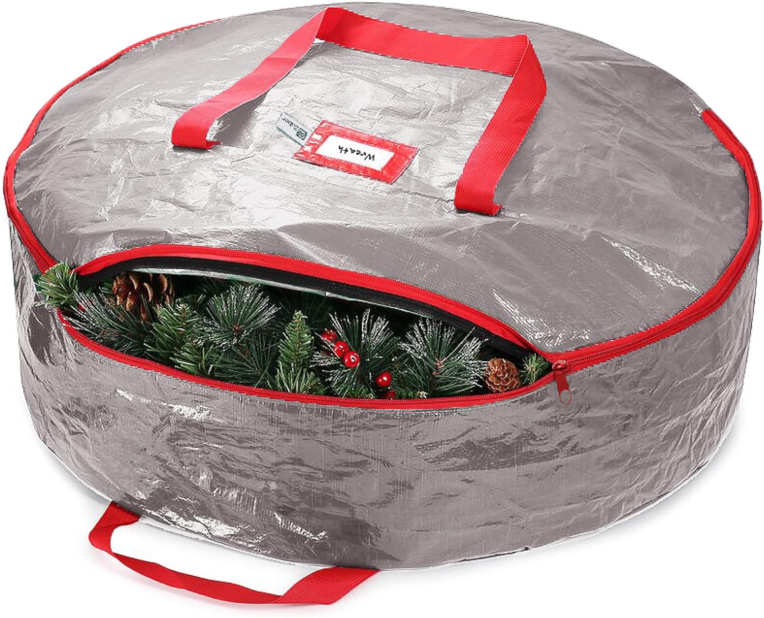 ZOBER Christmas Wreath Storage Container - 24 Inch Wreath Bag for Artificial Wreaths - Dual Zippered Wreath Storage W/Strong, Durable Handles - Gray