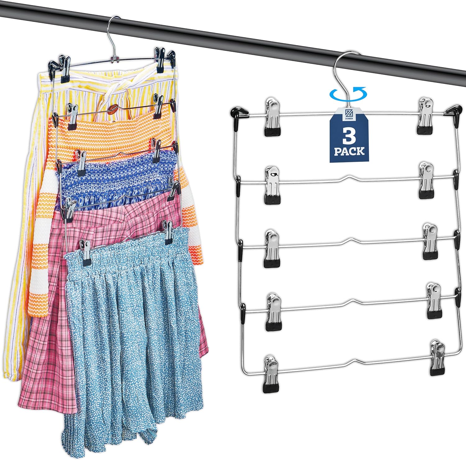 Zober 5-Tier Skirt Hangers with Clips - Metal, Non-Slip Space Saving Pants Hangers W/Adjustable Clips & Swivel Hooks - Skirt Hangers for Women (3-Pack)