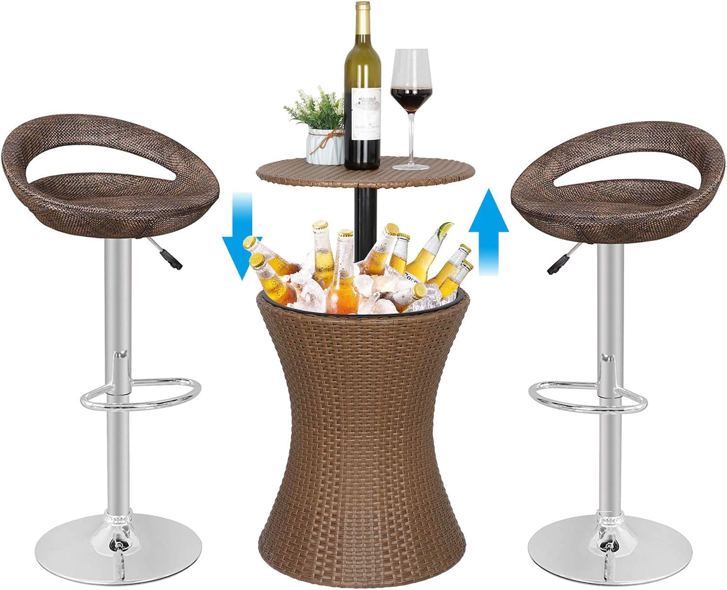 ZENY Set of 2 Bar Stool Hydraulic Pub Barstool + 3 in 1 Cooler Bar Table Height Adjustable Rattan Wicker Combo Set Perfect for Patio Party Indoor or Outdoor Use