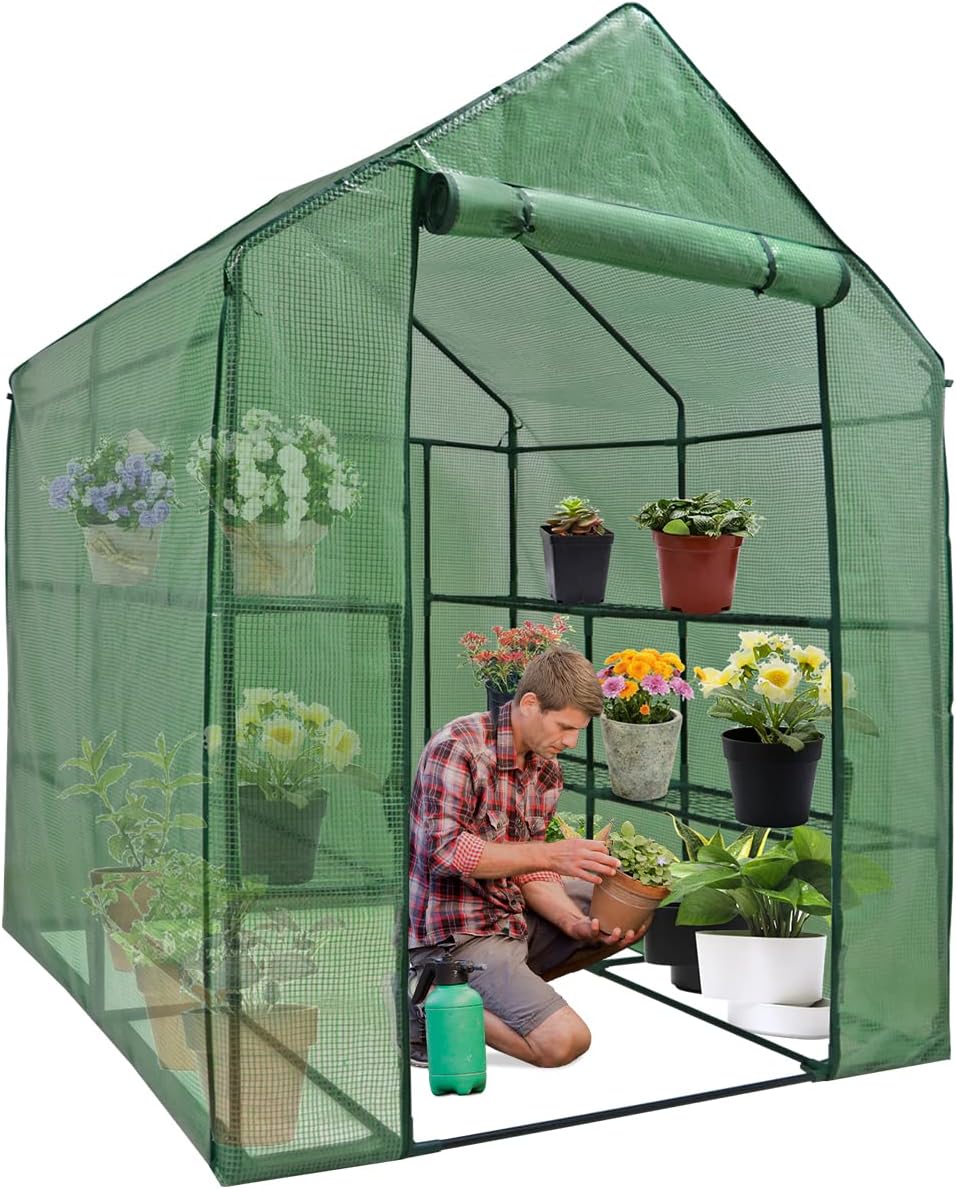 ZENY Mini Walk-in Greenhouse with PE Cover and Roll-up Door, Portable Warm House for Plants Flower Seedling Growing, Indoor Outdoor Green House 4.7x4.7x6.4 FT