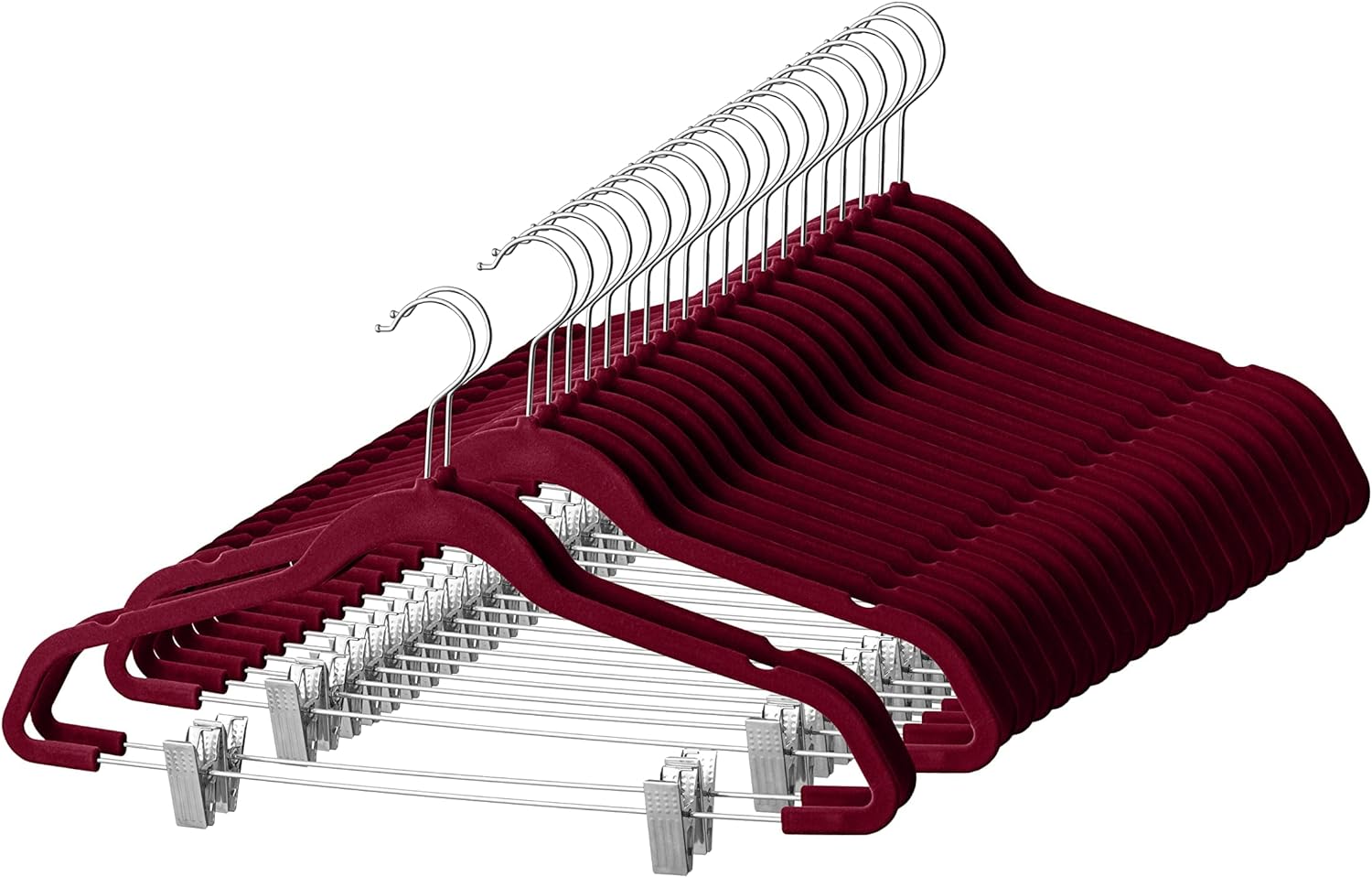 Zober Velvet Hangers with Clips - Pack of 20 Metal Clip Hangers for Pants - Notched Burgundy Velvet Skirt Hangers for Pants, Skirts, Suits, Dresses & Shirts w/ 360 Degree Hook - Non Slip Felt Hangers