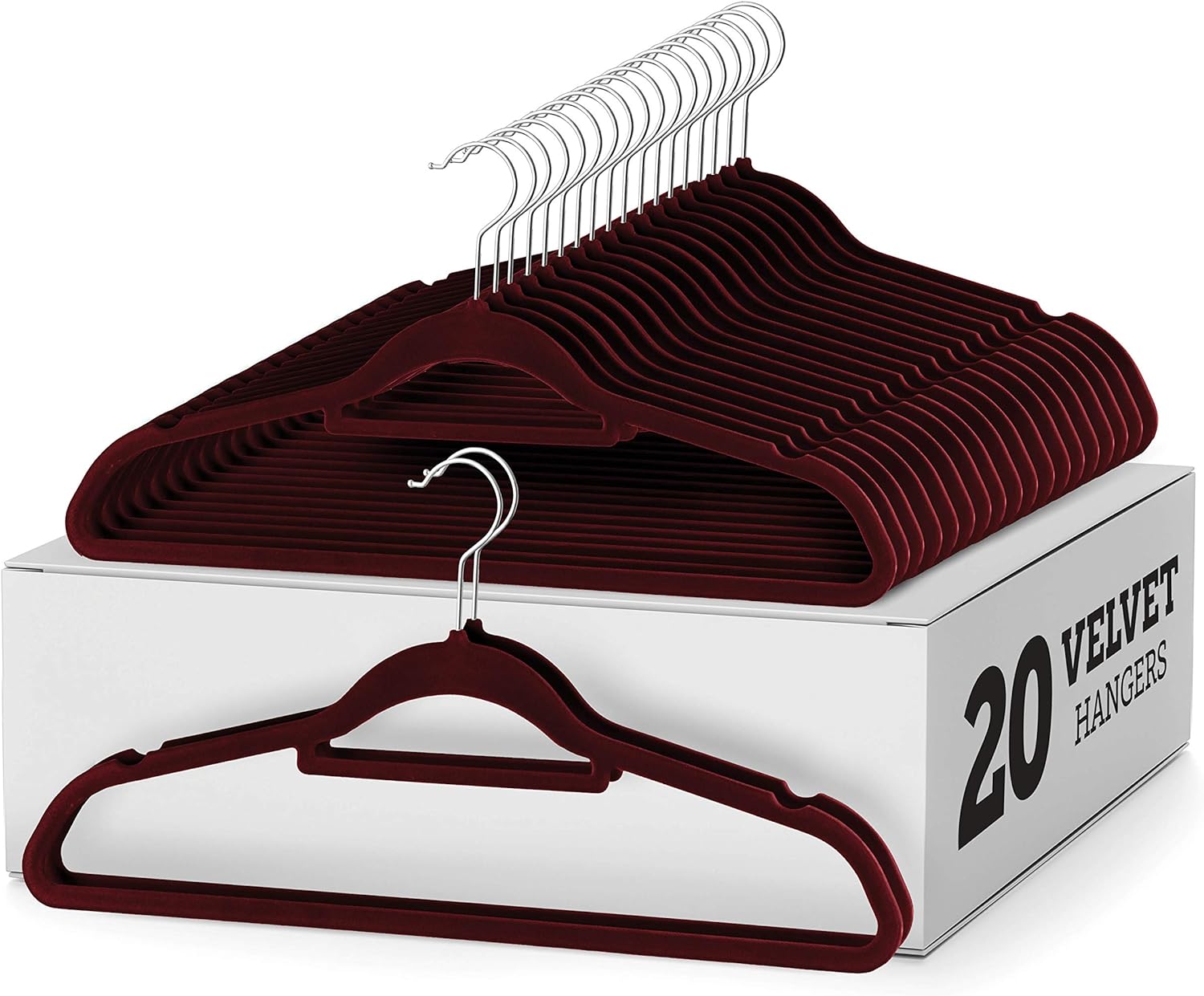 Zober Velvet Hangers 20 Pack - Clothes Hanger W/Tie Bar - Non-Slip, Swivel Hook, Slim Felt Hangers - Suits, Clothes, Pants, Coat Hanger - Burgundy