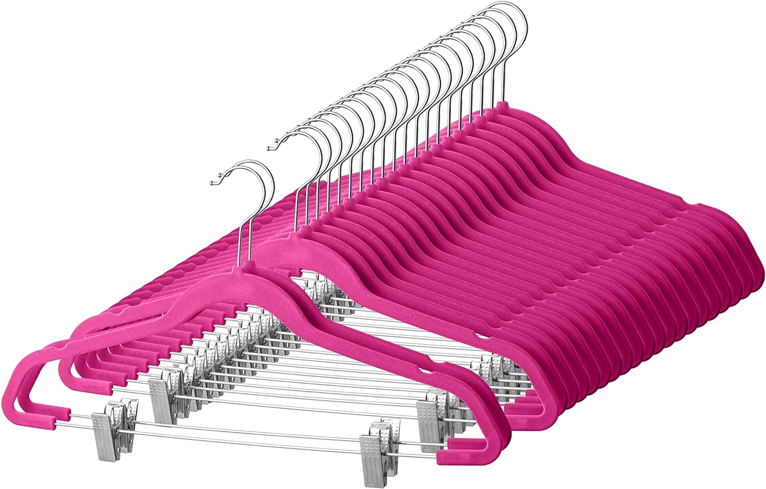 Zober Velvet Hangers with Clips - Pack of 20 Metal Clip Hangers for Pants - Notched Pink Velvet Skirt Hangers for Pants, Skirts, Suits, Dresses & Shirts w/ 360 Degree Hook - Non Slip Felt Hangers