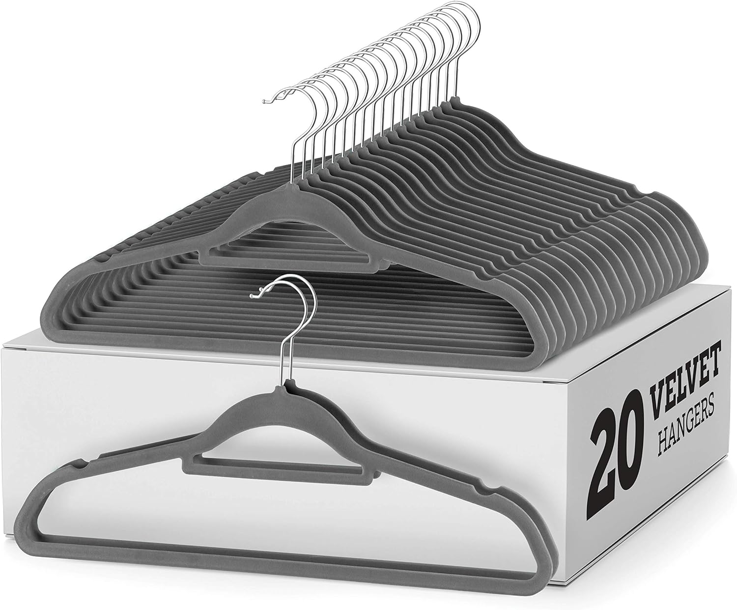 Zober Velvet Hangers 20 Pack - Clothes Hanger W/Tie Bar - Non-Slip, Swivel Hook, Slim Felt Hangers - Suits, Clothes, Pants, Coat Hanger - Gray