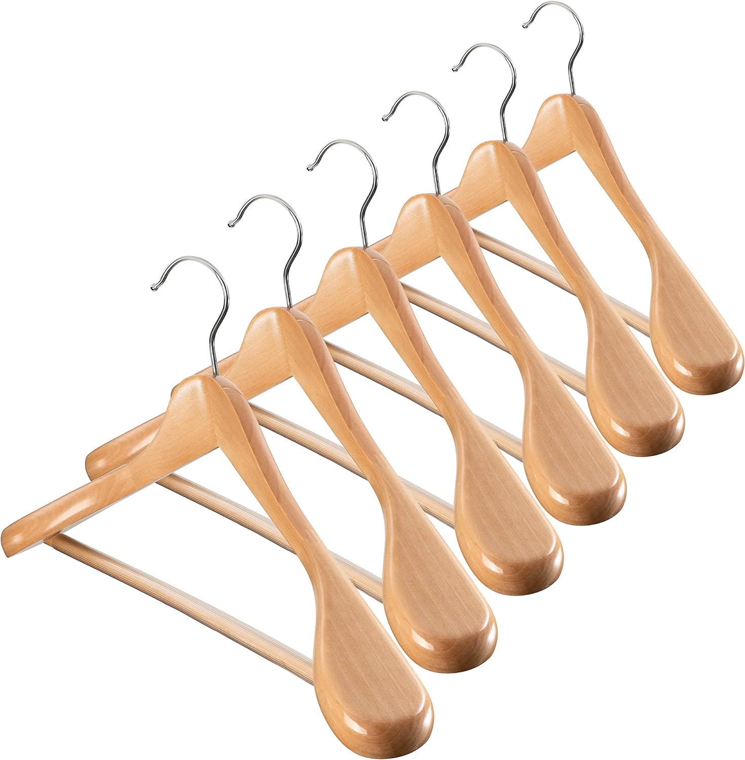 Elegant for hangers, solid wood and sturdy, screws instead of nails, flawless and can register for a five year warranty. Perfect for a suit, coat or just pants to hang on the non-slip clear plastic covered bar.