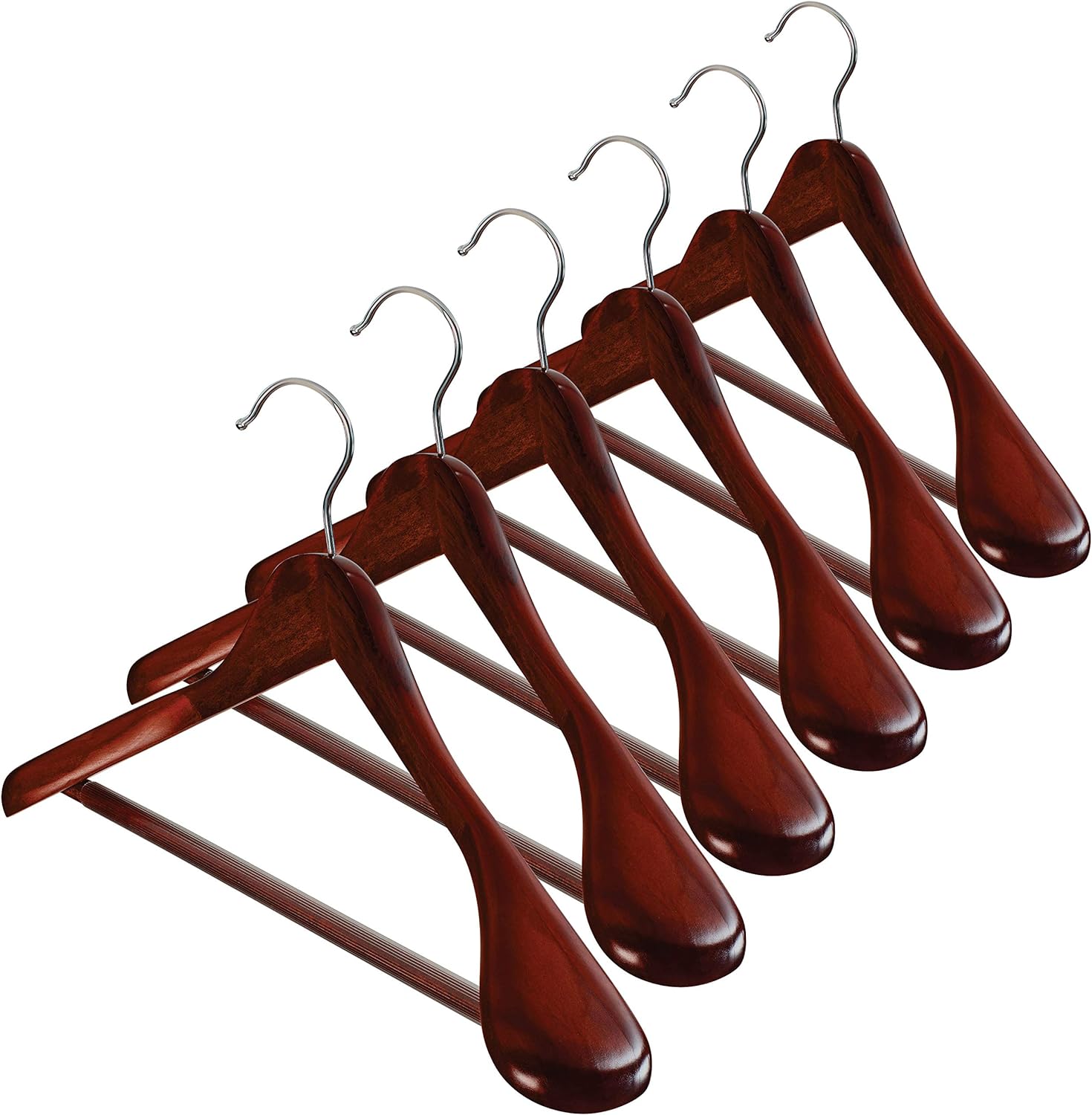 High-Grade Wide Shoulder Wooden Hangers 6 Pack, Non Slip Pants Bar, Smooth Finish Wood Suit Hanger Coat Hanger for Closet, Holds Upto 20lbs, 360Â° Swivel Hook, for Dress, Jacket, Heavy Clothes Hangers