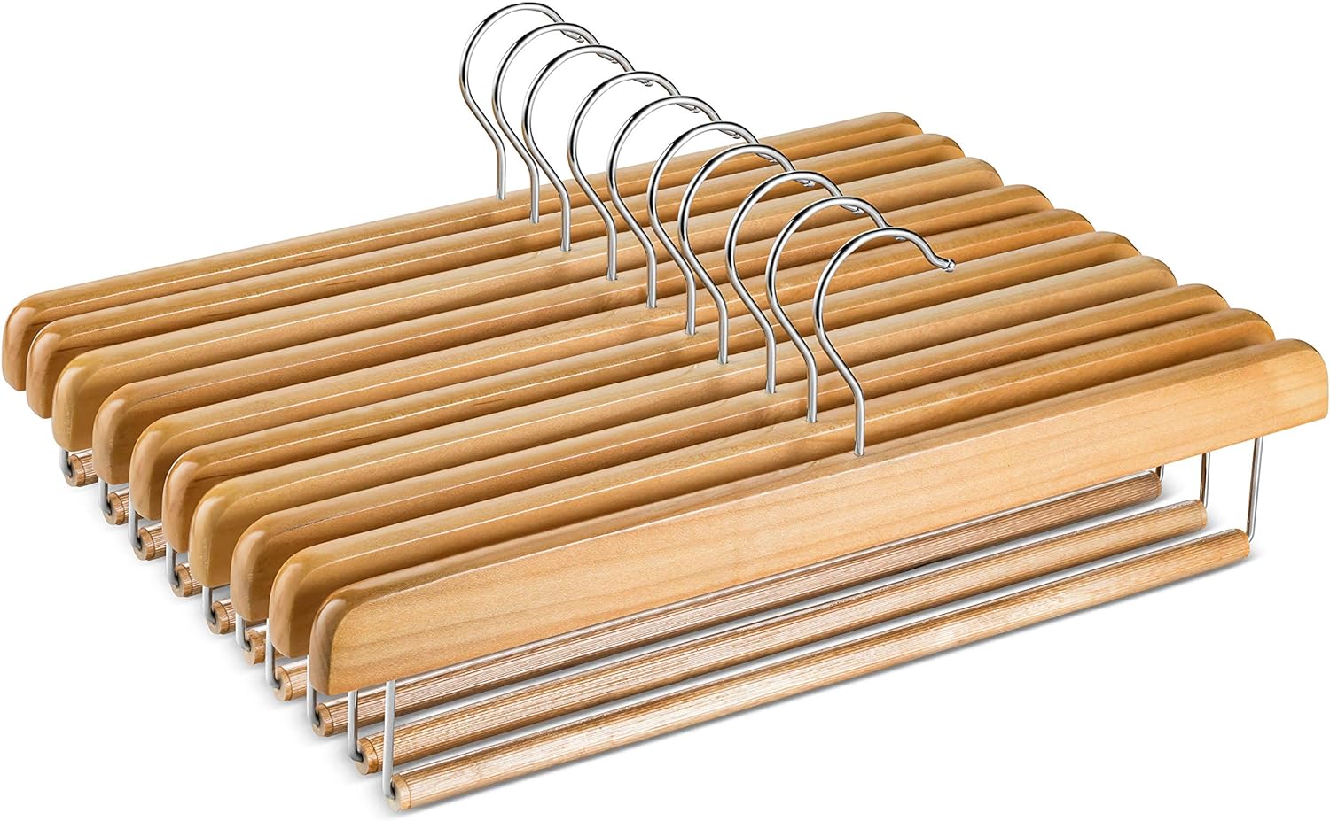 High-Grade Wooden Slack/Trouser Pants Hangers with Non Slip Bar (10 Pack) Smooth Finish, Durable Wooden Hangers - Slim & Sleek Space Saving Closet Hangers, 360Â° Hook- Ideal for Pant, Jeans, Slacks Etc