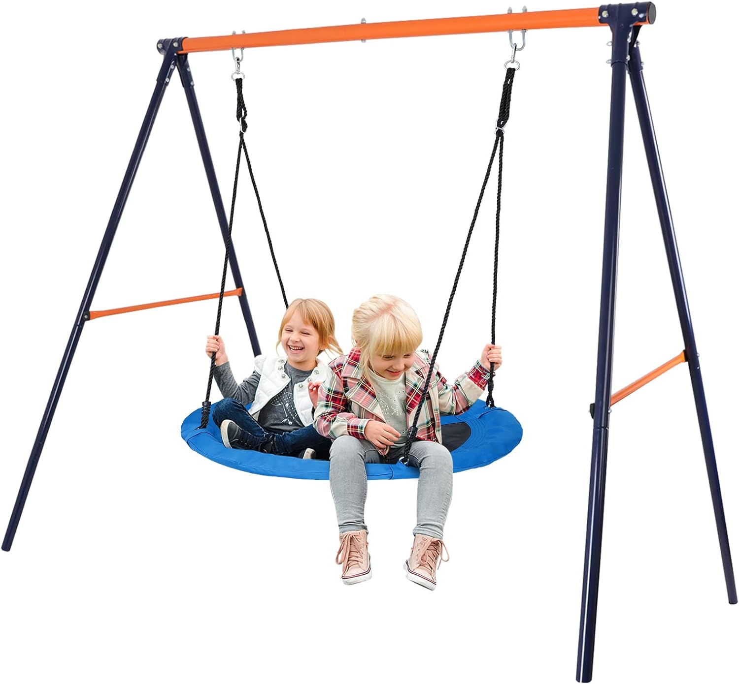 ZENY Swing Set with Saucer Swings for Backyard - 40'' Spider Web Swing Oxford Web Swing Mat and Heavy Duty A Frame Metal Swing Stand for Playground, Backyard, Garden