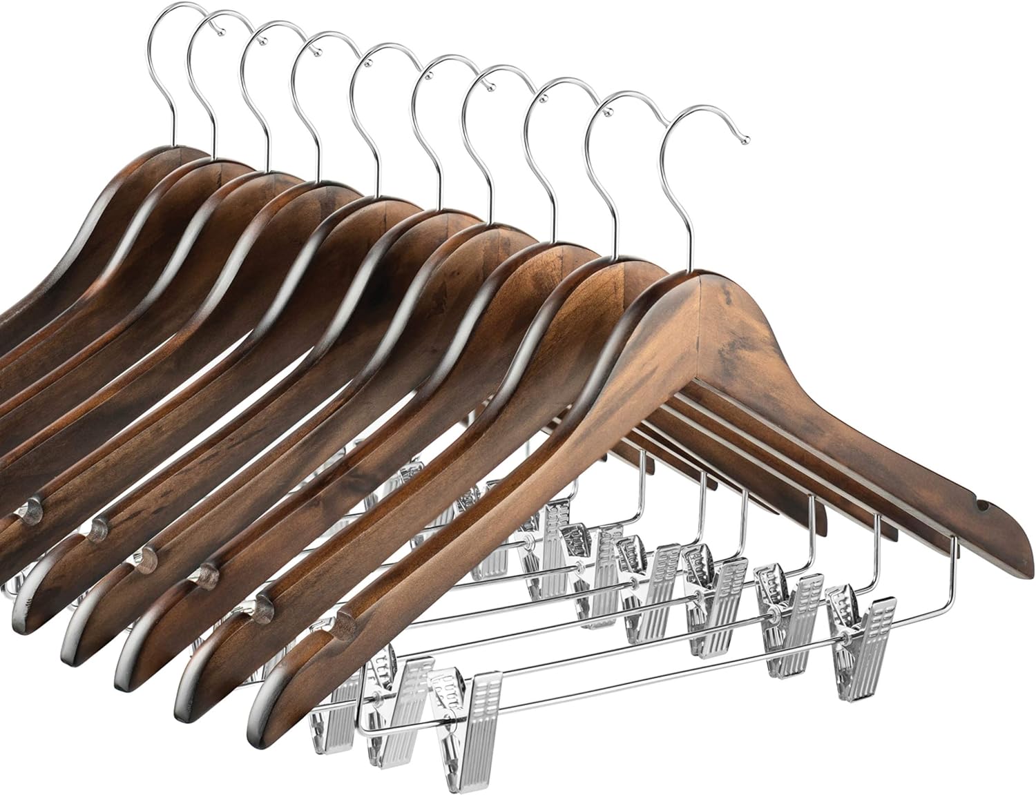 High-Grade Wooden Suit Hangers Skirt Hangers with Clips (10 Pack) Smooth Solid Wood Pants Hangers with Durable Adjustable Metal Clips, 360Â° Swivel Hook, Shoulder Notches for Dress Coat, Jacket, Blouse