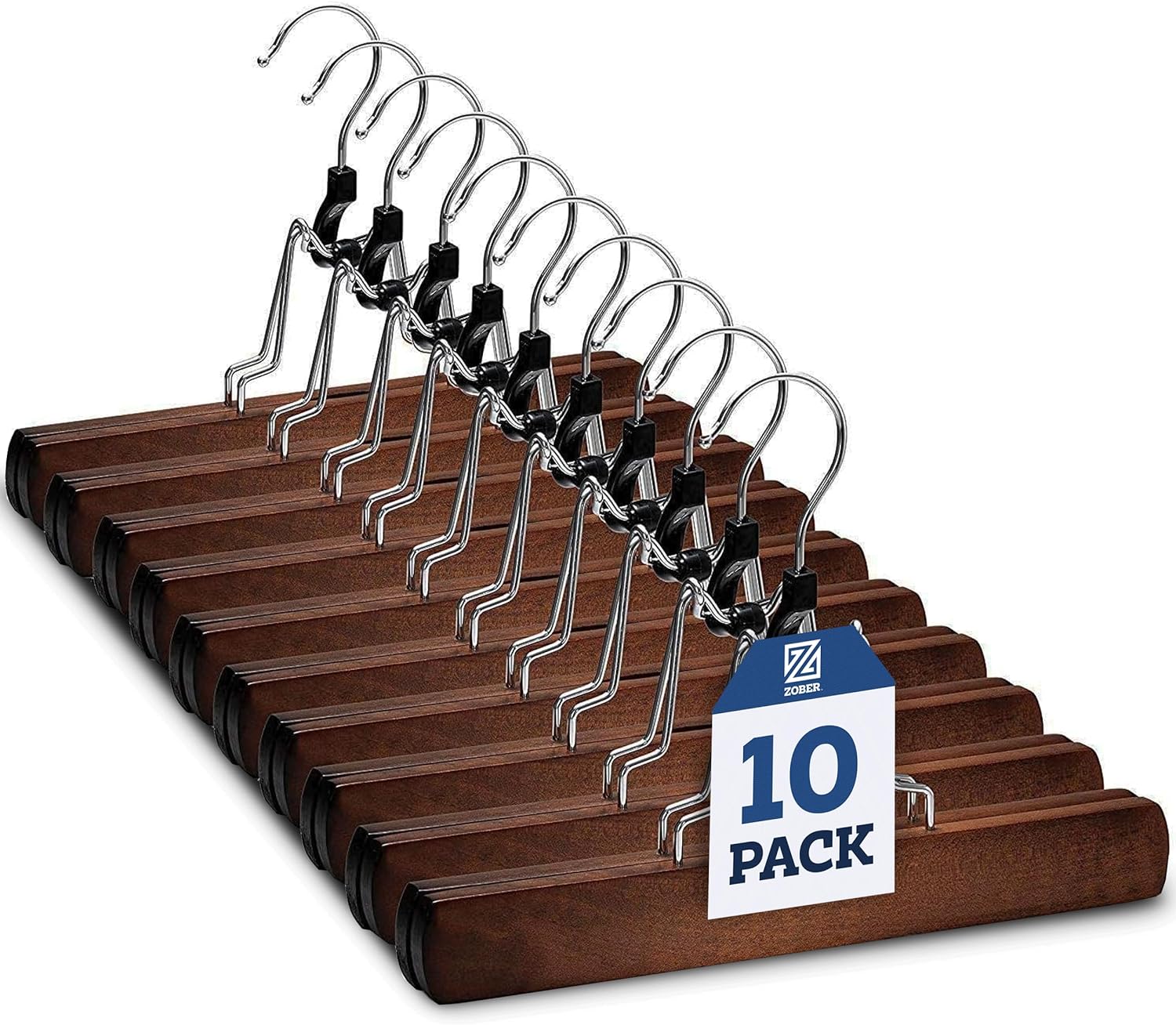 High-Grade Wooden Pants Hangers with Clips 10 Pack Non Slip Skirt Hangers, Smooth Finish Solid Wood Jeans/Slack Hanger with 360Â° Swivel Hook - Pants Clip Hangers for Skirts, Slacks - Clamp Hangers