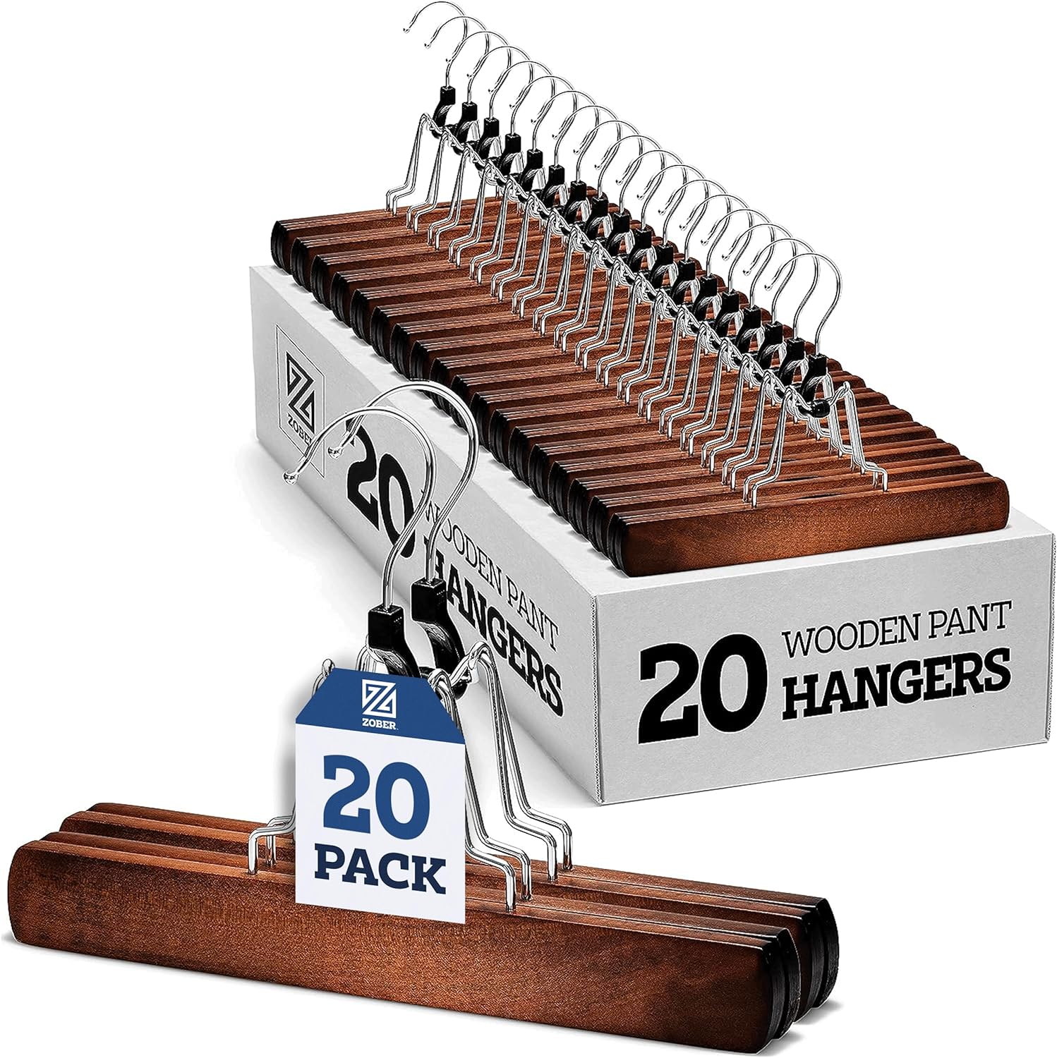 High-Grade Wooden Pants Hangers with Clips 20 Pack Non Slip Skirt Hangers, Smooth Finish Solid Wood Jeans/Slack Hanger with 360Â° Swivel Hook - Pants Clip Hangers for Skirts, Slacks - Clamp Hangers