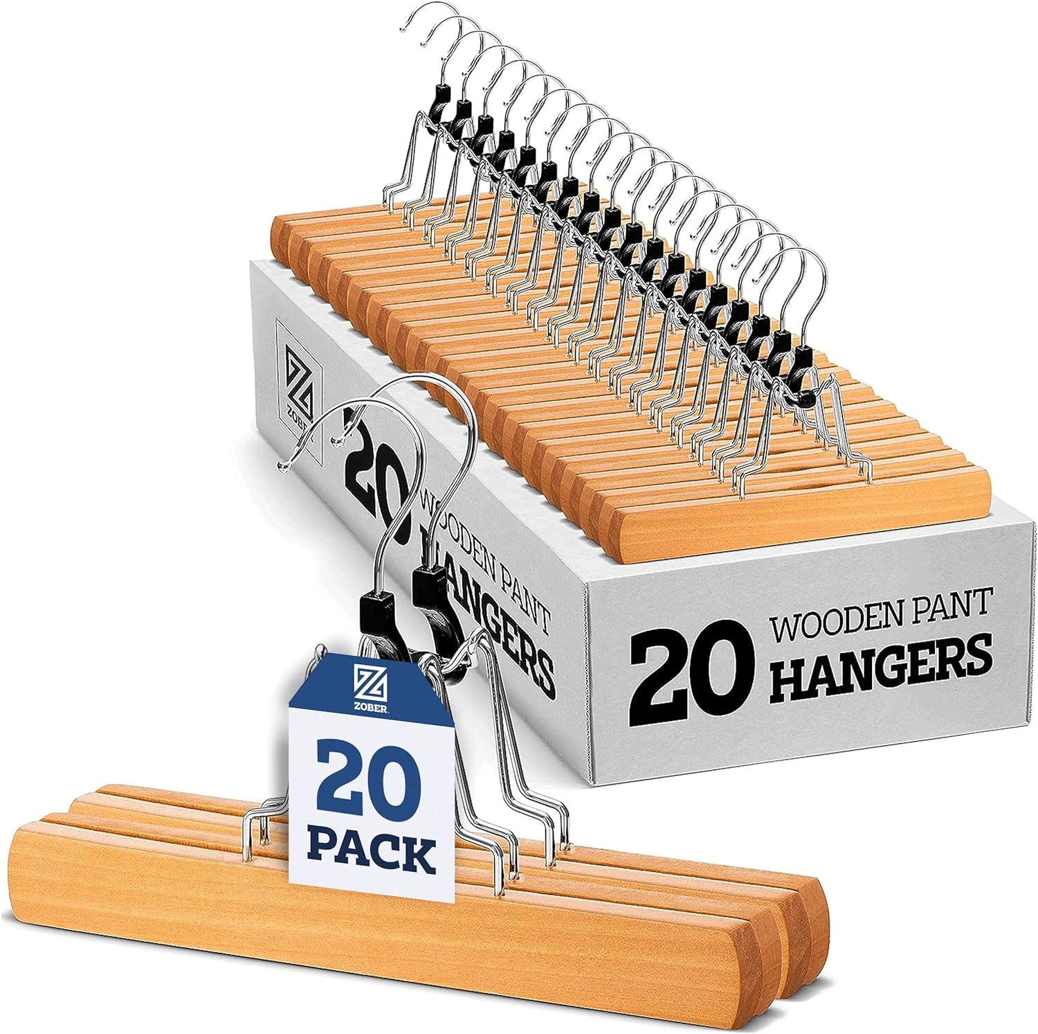 High-Grade Wooden Pants Hangers with Clips 20 Pack Non Slip Skirt Hangers, Smooth Finish Solid Wood Jeans/Slack Hanger with 360Â° Swivel Hook - Pants Clip Hangers for Skirts, Slacks - Clamp Hangers