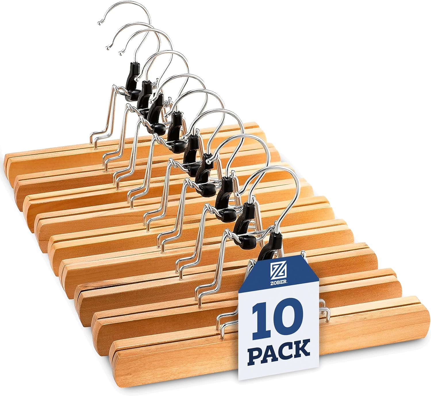 High-Grade Wooden Pants Hangers with Clips 10 Pack Non Slip Skirt Hangers, Smooth Finish Solid Wood Jeans/Slack Hanger with 360Â° Swivel Hook - Pants Clip Hangers for Skirts, Slacks - Clamp Hangers