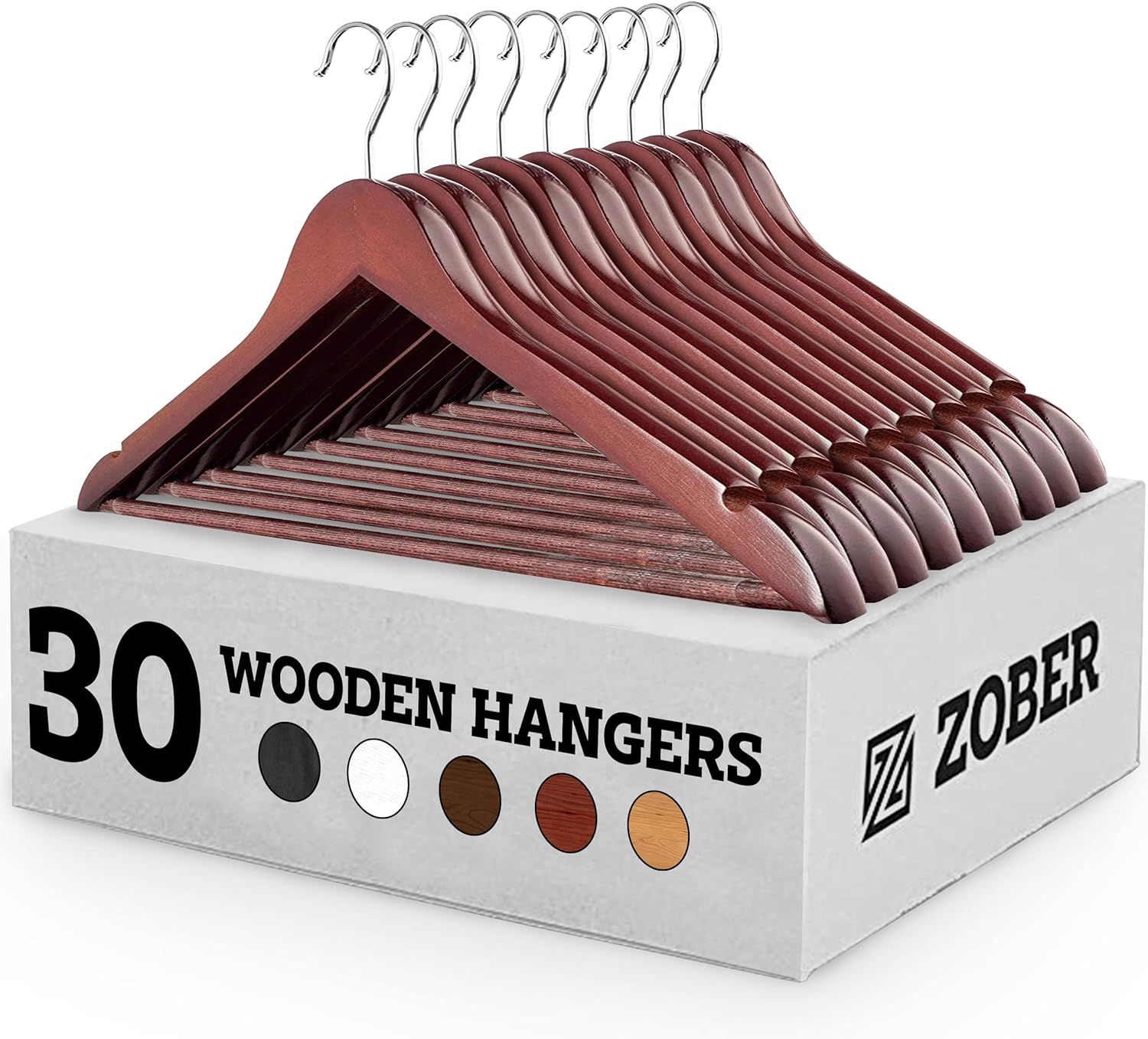 Zober Wooden Hangers 30 Pack - Non Slip Wood Clothes Hanger for Suits, Pants, Jackets w/Bar & Cut Notches - Heavy Duty Clothing Hanger Set - Coat Hangers for Closet - Cherry