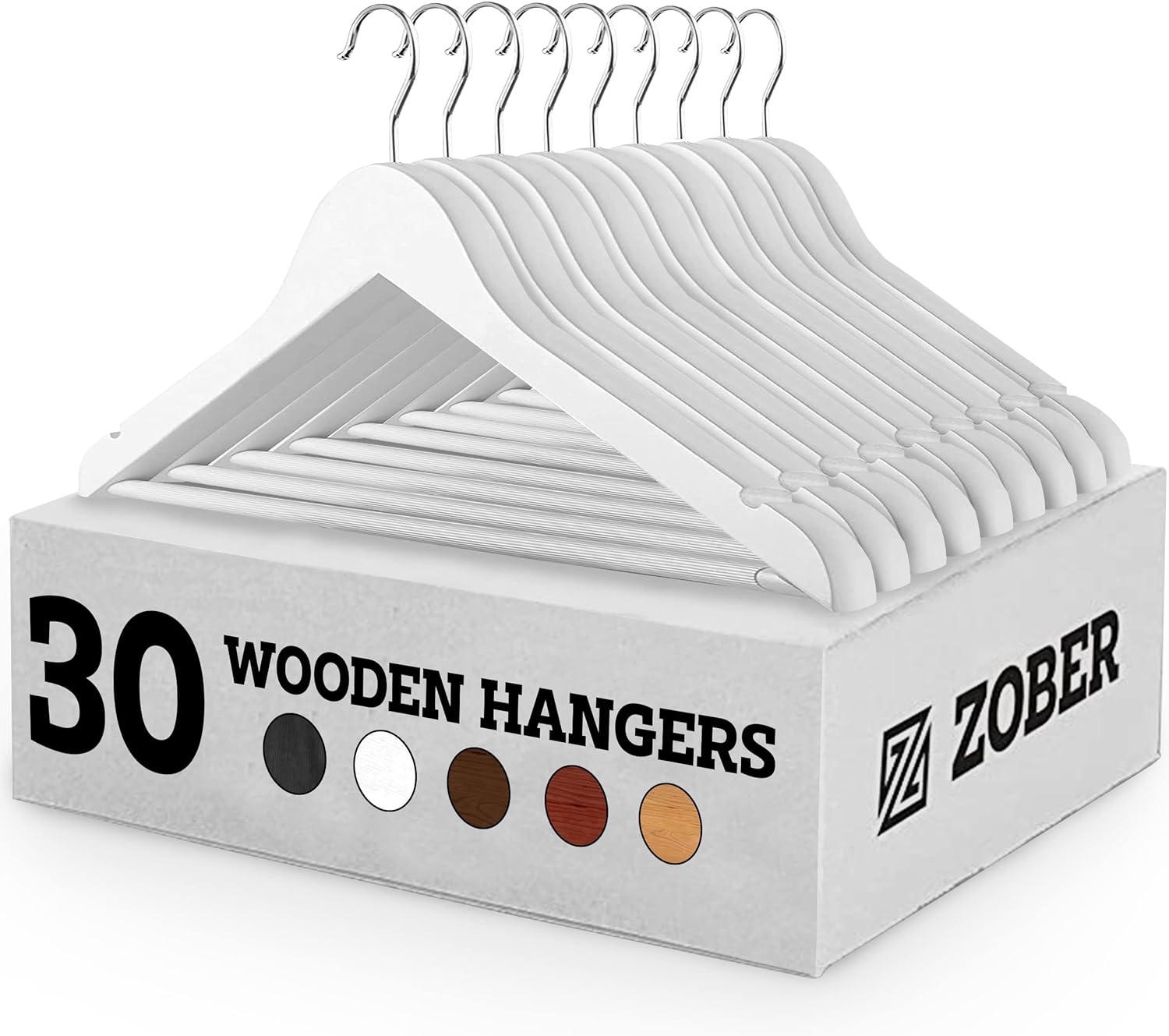 ZOBER Wooden Hangers 30 Pack - Non Slip Wood Clothes Hanger for Suits, Pants, Jackets w/Bar & Cut Notches - Heavy Duty Clothing Hanger Set - Coat Hangers for Closet - White