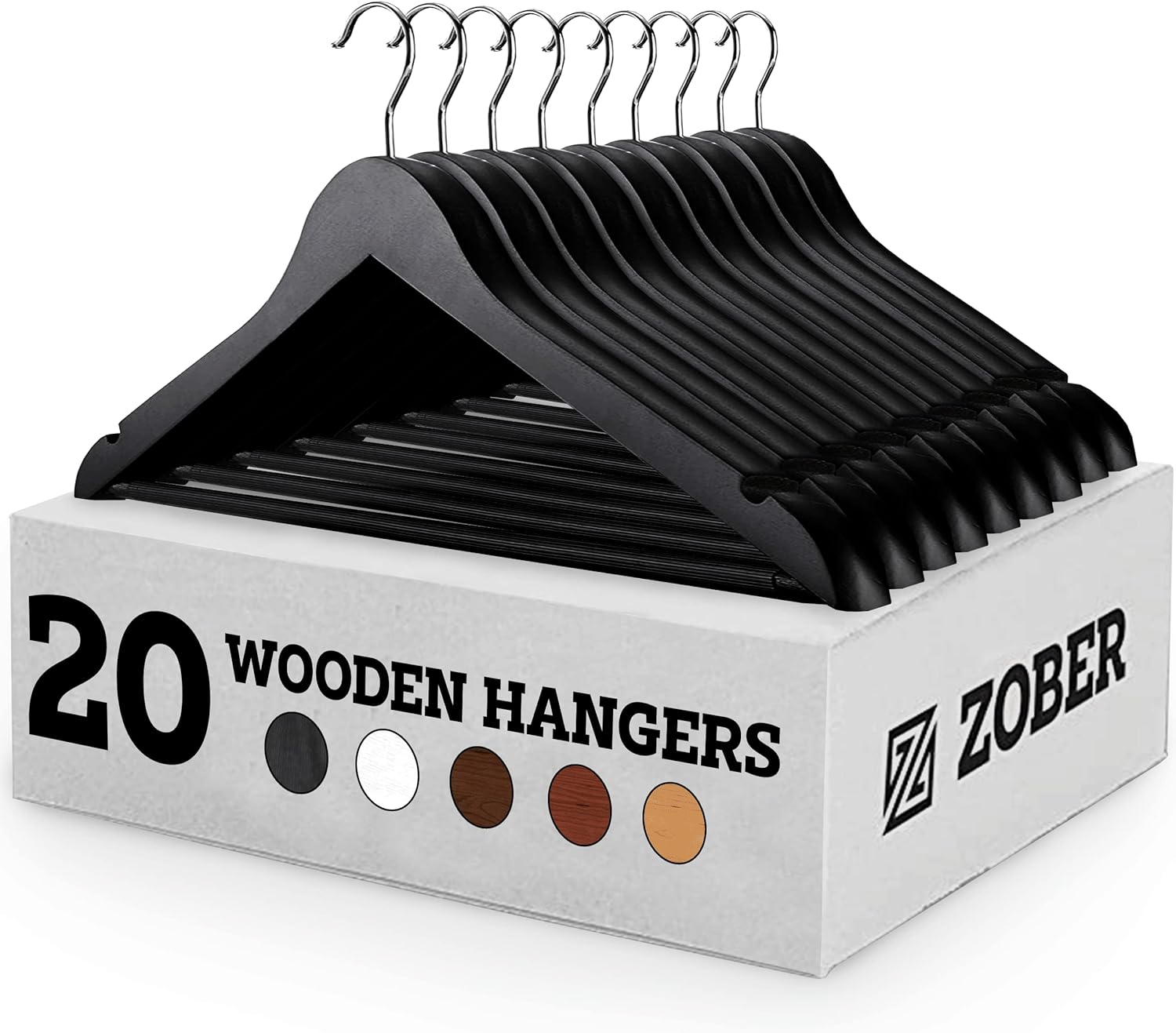 Zober Wooden Hangers 20 Pack - Non Slip Wood Clothes Hanger for Suits, Pants, Jackets w/Bar & Cut Notches - Heavy Duty Clothing Hanger Set - Coat Hangers for Closet - Black