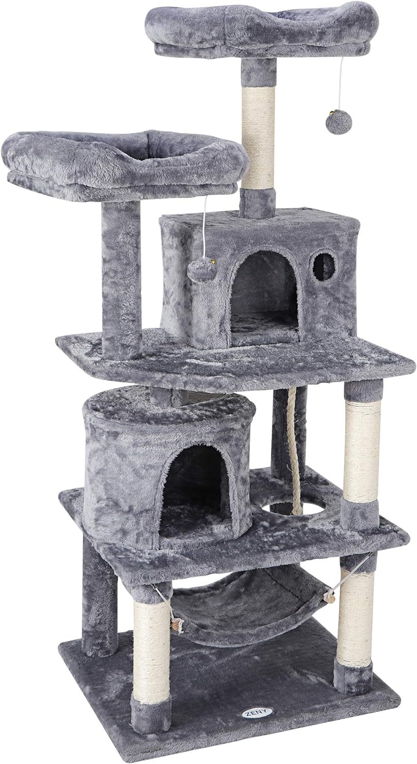 ZENY 57 Inch Cat Tree, Cat Condo Tower with Scratching Posts, Play House, Pet Hammock, Cat Furniture Kitten Activity Tower, Grey