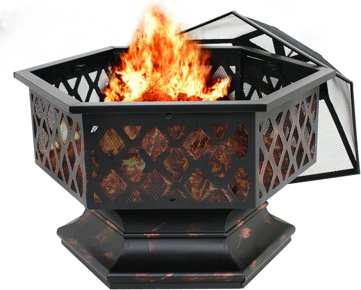 ZENY 24 Outdoor Fire Pit Wood Burning Firepits Steel Firepit Bowl Hex Shaped Home Outside Backyard Fireplace Bonfire Campfire w/Fire Pit Screen