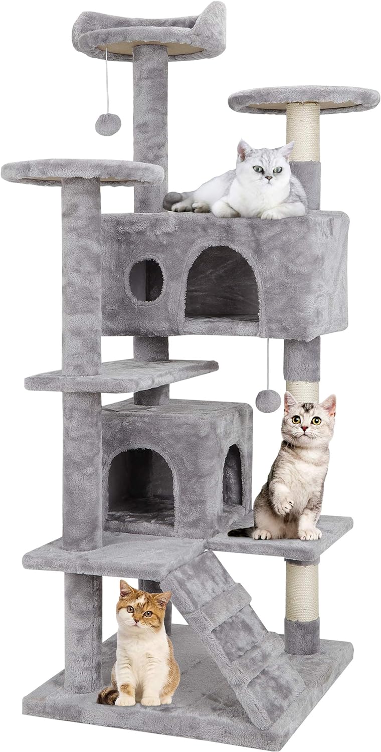 ZENY 54 inches Cat Tree with Sisal-Covered Scratching Posts and 2 Plush Rooms Cat Furniture for Kittens (Light Gray)