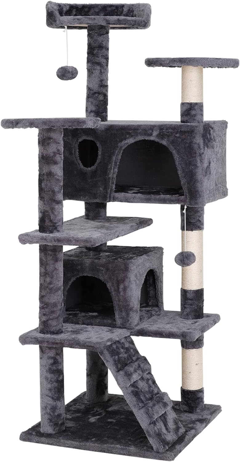 ZENY 54 Inch Cat Tree, Indoor Cat Tower Condo, Multi-Level Cat House with Sisal-Covered Scratching Post   2 Play House, Pet Cat Furniture, Grey