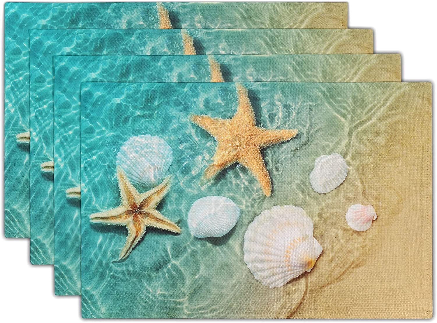 Seashell Starfish Placemats Set of 4 Washable Linen Beach Place Mats 12x18inch Ocean Blue Table Mats for Dining Table Farmhouse Kitchen Decor