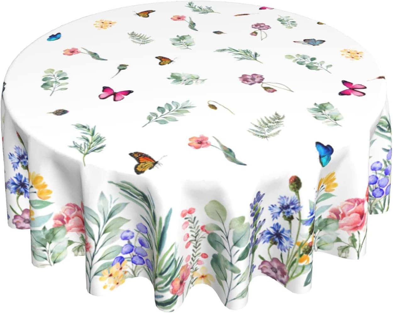 ABSOP Spring Summer Floral Tablecloth Round 60 Inch Watercolor Butterfly Flower Table Cloth Washable Farmhouse Table Covers Kitchen Holiday Picnic Party Dinner Room Picnic Outdoor Decor, White-02