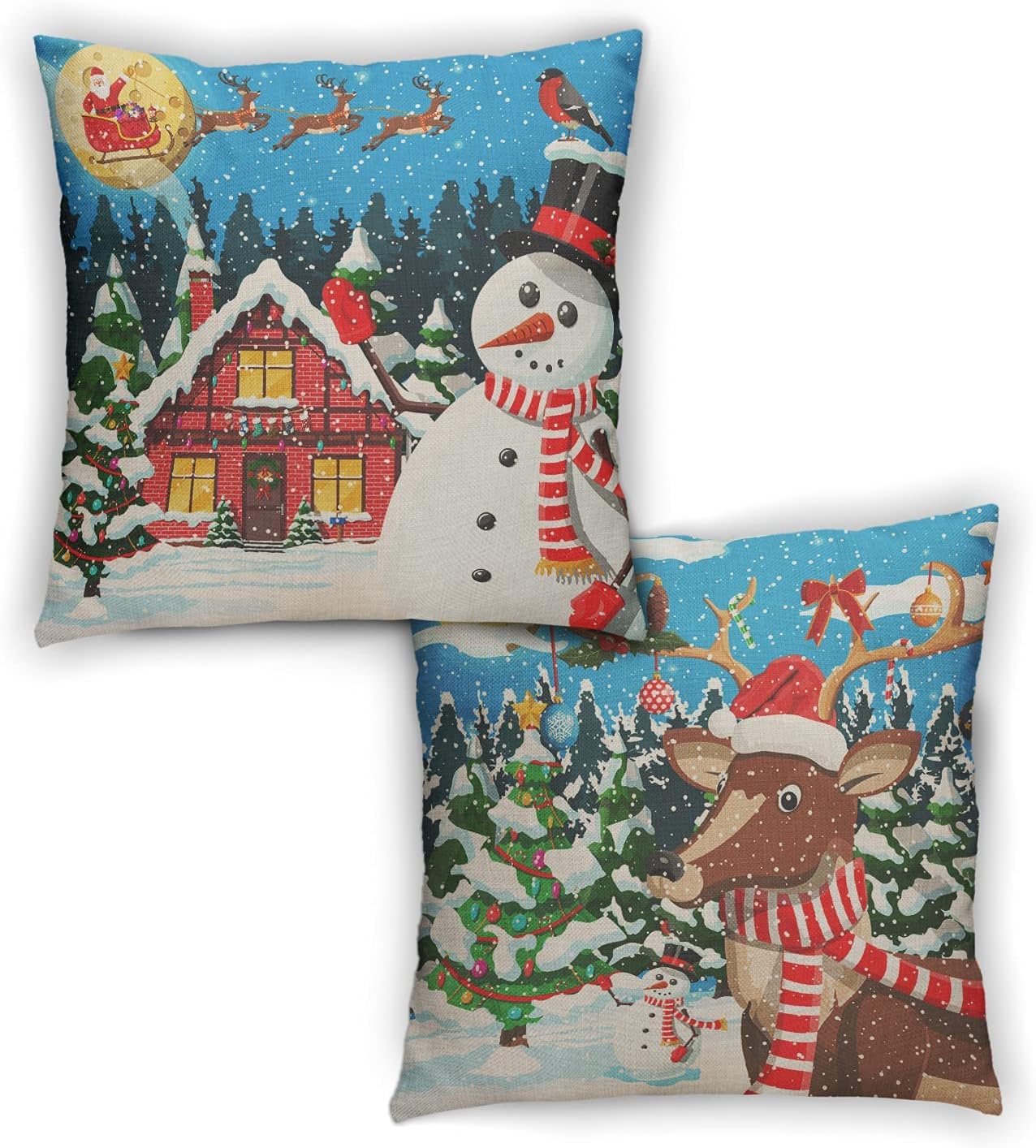 ABSOP Merry Christmas Pillow Covers 18x18 Inches Set of 2 Vintage Farmhouse Christmas Pillowcase Snowman Pillows Decorative Throw Pillows Winter Holiday Xmas Cushion Covers for Sofa Couch Home Decor