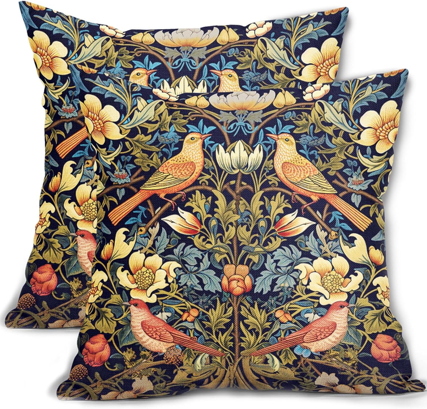 ABSOP Green Chinoiserie Pillow Cover 20x20 Inch Set of 2 Blue and Yellow Floral Throw Covers Flower Bird Cotton Linen Square Pillowscase Cushion for Sofa Couch Bedroom Home Decor