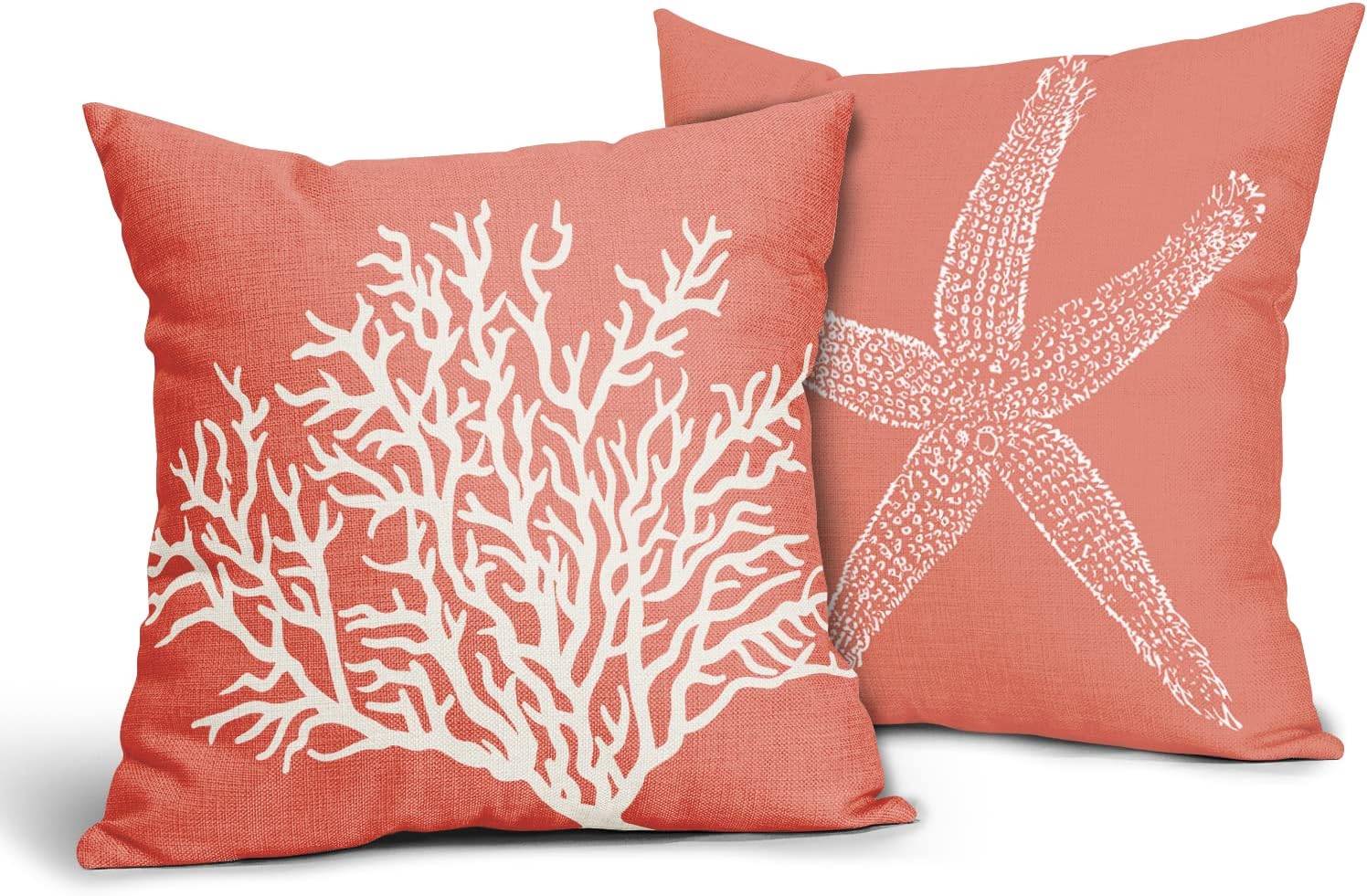 ABSOP Coastal Coral Throw Pillow Covers 16x16 Inch Set of 2 Starfish Beach Nautical Summer Farmhouse Pillowscase Linen Square Cushion for Sofa Couch Bedroom Living Room Home Decoration