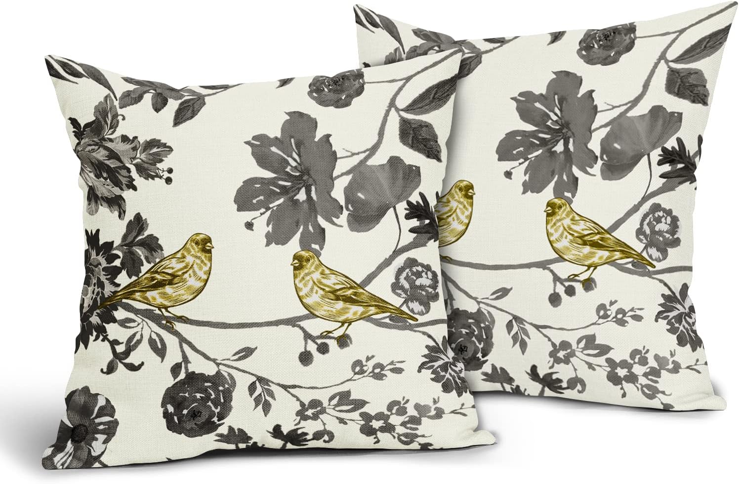 ABSOP Yellow Bird Throw Pillow Covers 18x18 Inch Set of 2 Yellow Grey Flower Pillow Covers Modern Spring Summer Floral Farmhouse Decorative Pillowcase Square Linen Cushion Case for Sofa Couch Bed