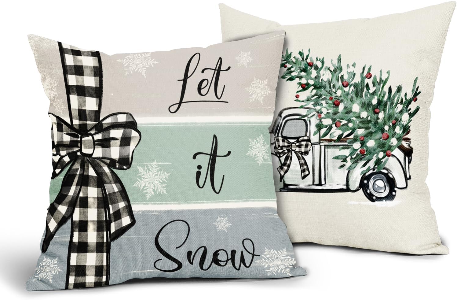 Christmas Decorations Pillow Covers 18x18 Inch Set of 2 Striped Buffalo Plaid Throw Pillow Covers Winter Tree Truck Snow Pillowscase Cotton Linen Cushion Covers for Sofa Couch Bedroom Home Decor