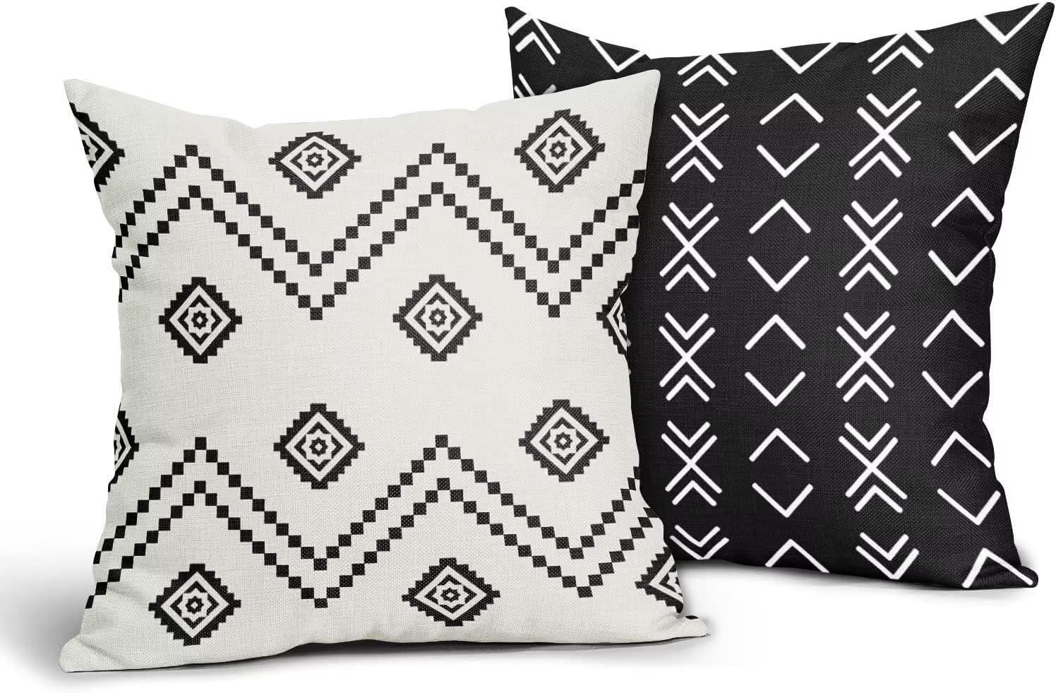 ABSOP Boho Throw Pillow Covers 18x18 Inch Set of 2 Farmhouse White and Black Pillow Covers Room Decor Modern Geometric Pillowcases Linen Cushion Cover for Sofa Bedroom Outdoor Indoor Decoration