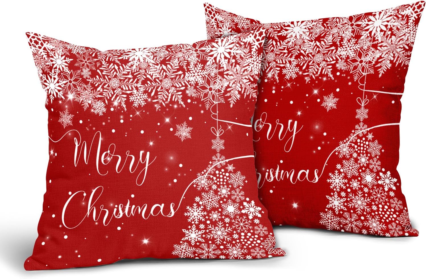 Christmas Throw Pillow Covers 18x18 Inch Set of 2 Red Winter Snowflakes Pillow Covers Merry Christmas Farmhouse Pillowscase Cotton Linen Square Cushion Covers for Sofa Couch Bedroom Home Decoration
