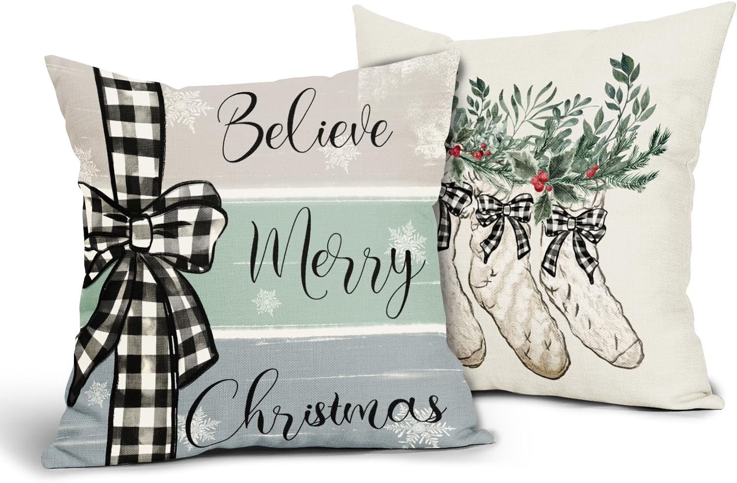 Christmas Pillow Covers 18x18 Inch Set of 2 Buffalo Plaid Winter Snowflake Throw Pillow Covers Teal Christmas Pillowscase Cotton Linen Square Cushion Covers for Sofa Couch Bedroom Home Decoration