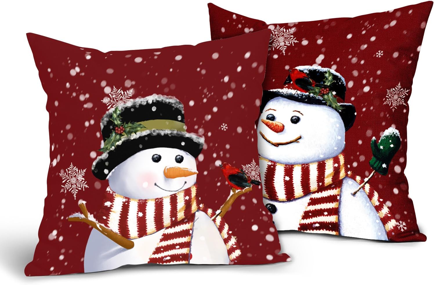 Red Winter Throw Pillow Covers 18x18 Inch Set of 2 Christmas Snowman Pillow Covers Snowflake Farmhouse Pillowscase Cotton Linen Square Cushion Cover for Sofa Couch Bedroom Living Room Home Decoration