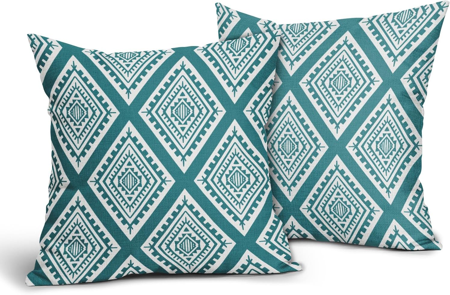 ABSOP Teal Pillow Covers 18x18 Inch Set of 2 Turquoise Boho Throw Pillow Covers Geometric Modern Pillowscase Linen Square Cushion Covers for Bedroom Sofa Couch Living Room Outdoor Home Decor