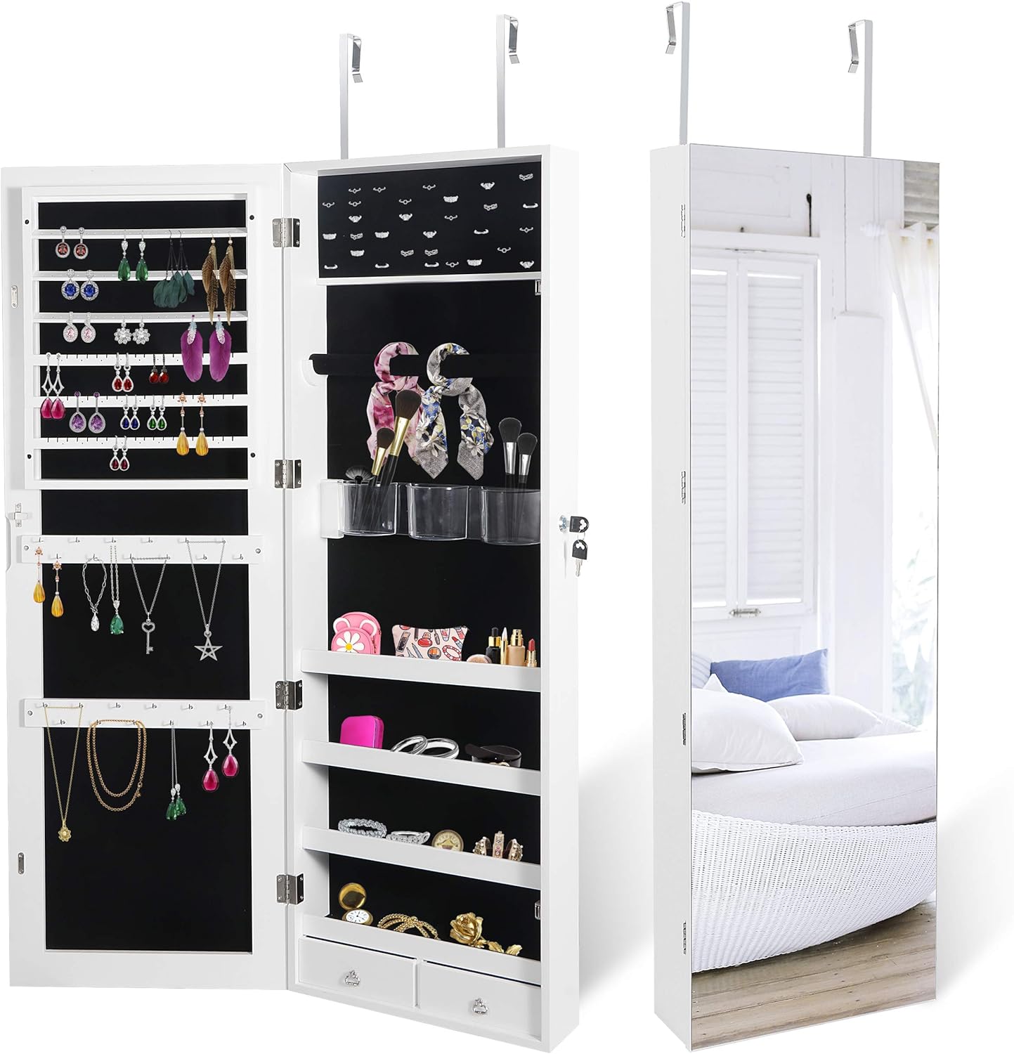 ZENY Hanging Jewelry Armoire with Full Length Mirror Wall Jewelry Cabinet Organizer, 47.2'' Door Mirror Jewelry Storage