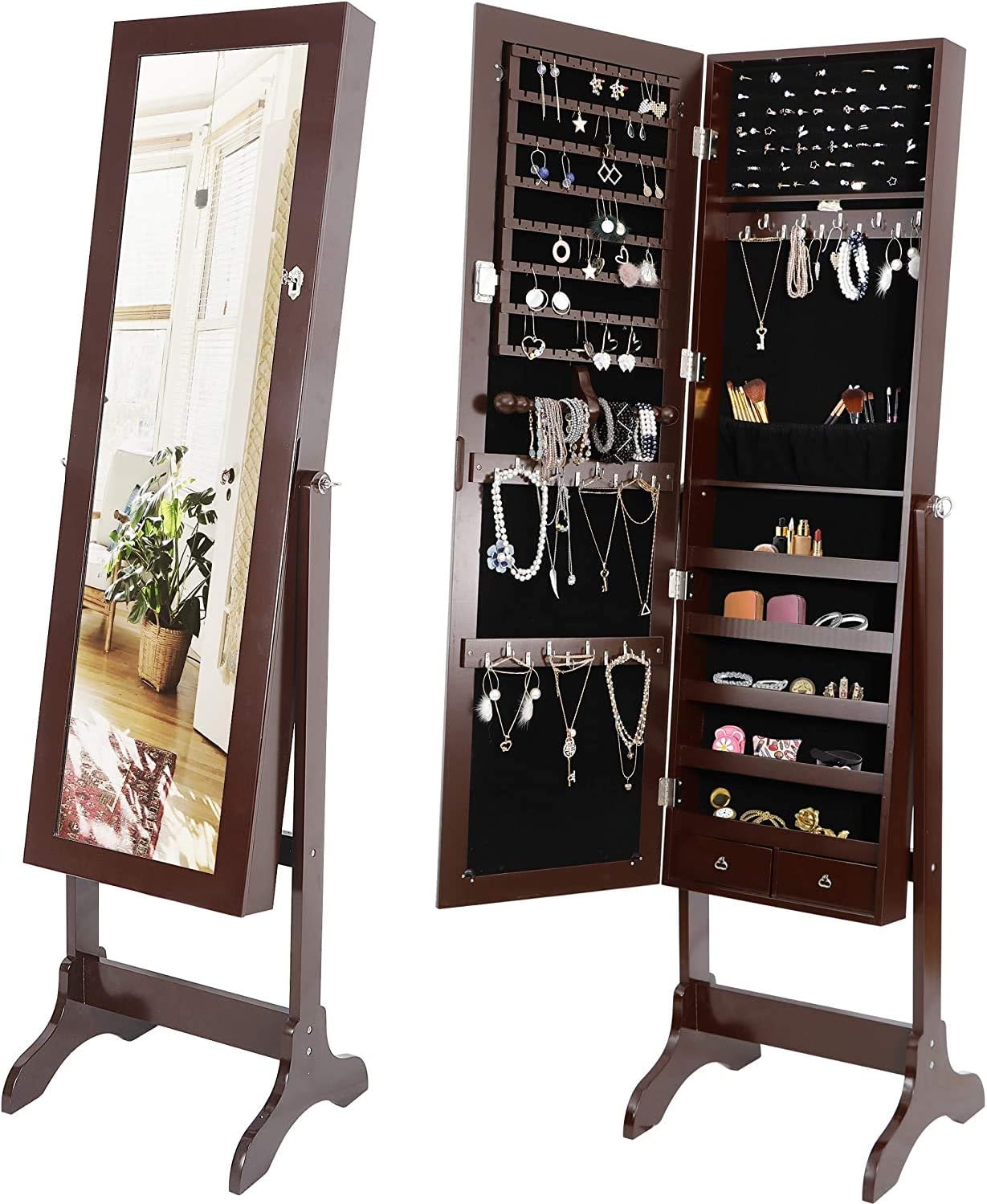 ZENY Jewelry Armoire Cabinet with Mirror Floor Standing Lockable Jewelry Storage Organizer with 2 Drawers 4 Adjustable Angles