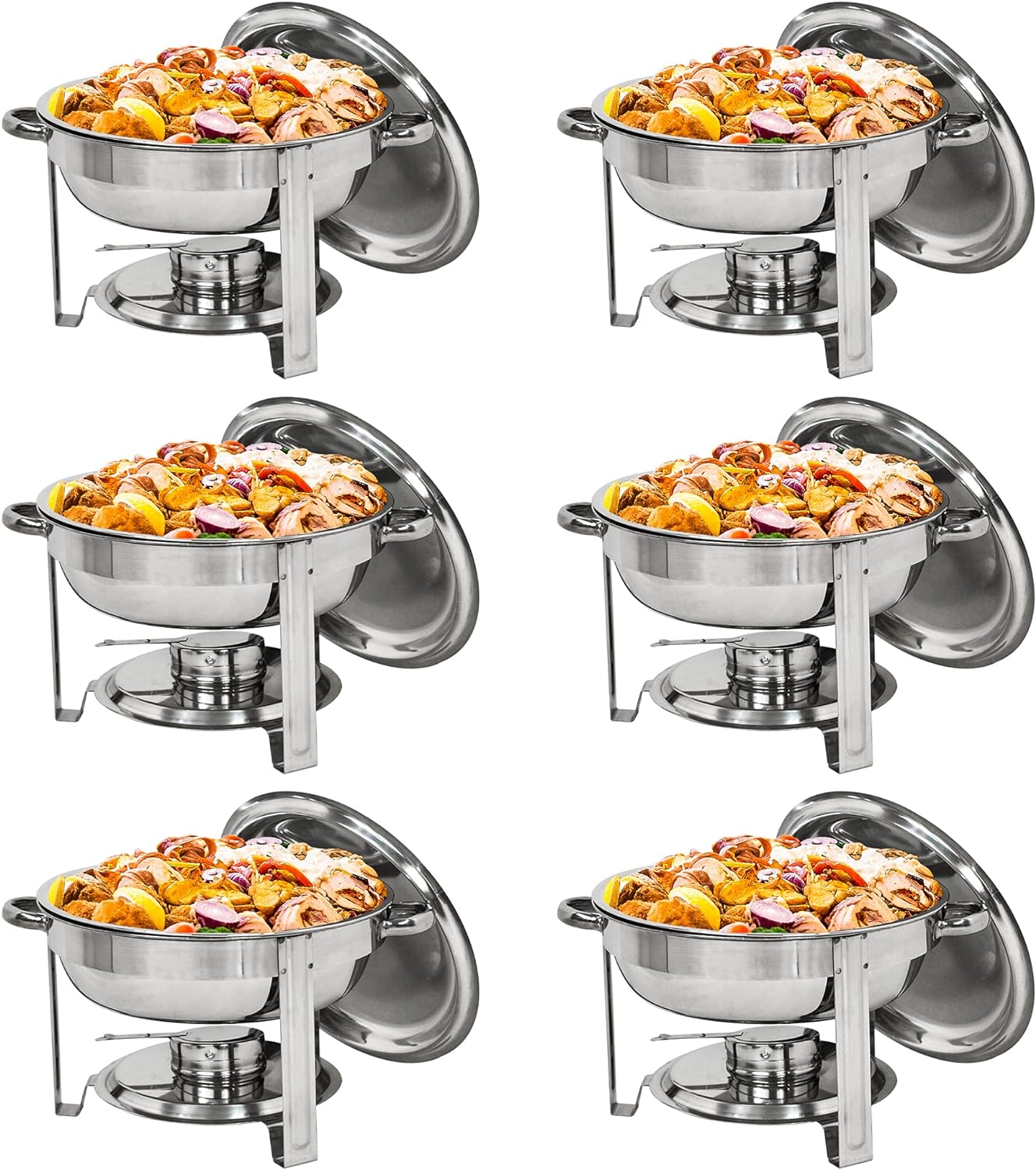 ZENY Pack of 6 Round Chafing Dish Full Size 5 Quart Stainless Steel Deep Pans Chafer Dish Set Buffet Catering Party Events Warmer Serving Set Utensils w/Fuel Holder