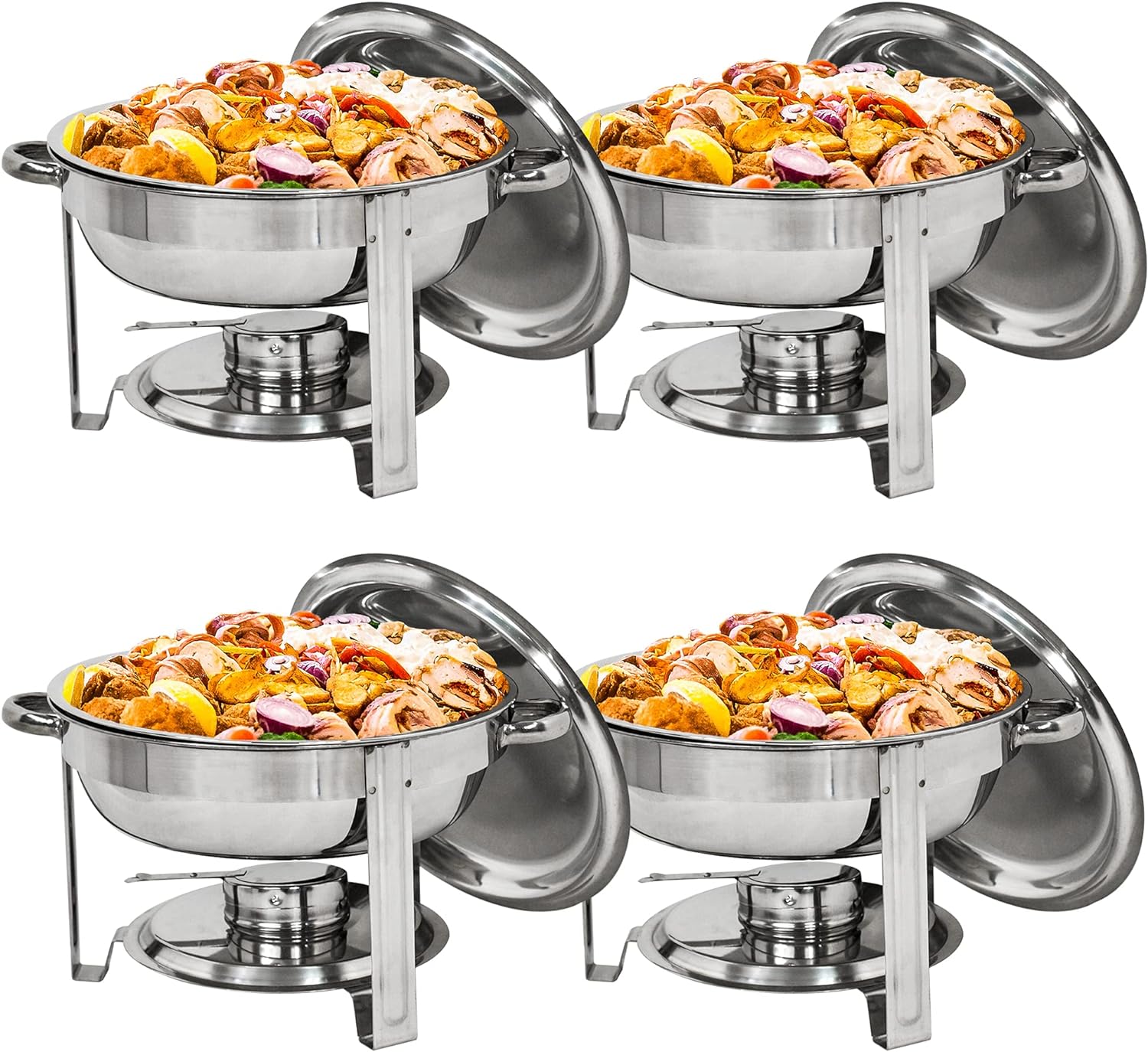 ZENY Pack of 4 Round Chafing Dish Full Size 5 Quart Stainless Steel Deep Pans Chafer Dish Set Buffet Catering Party Events Warmer Serving Set Utensils w/Fuel Holder